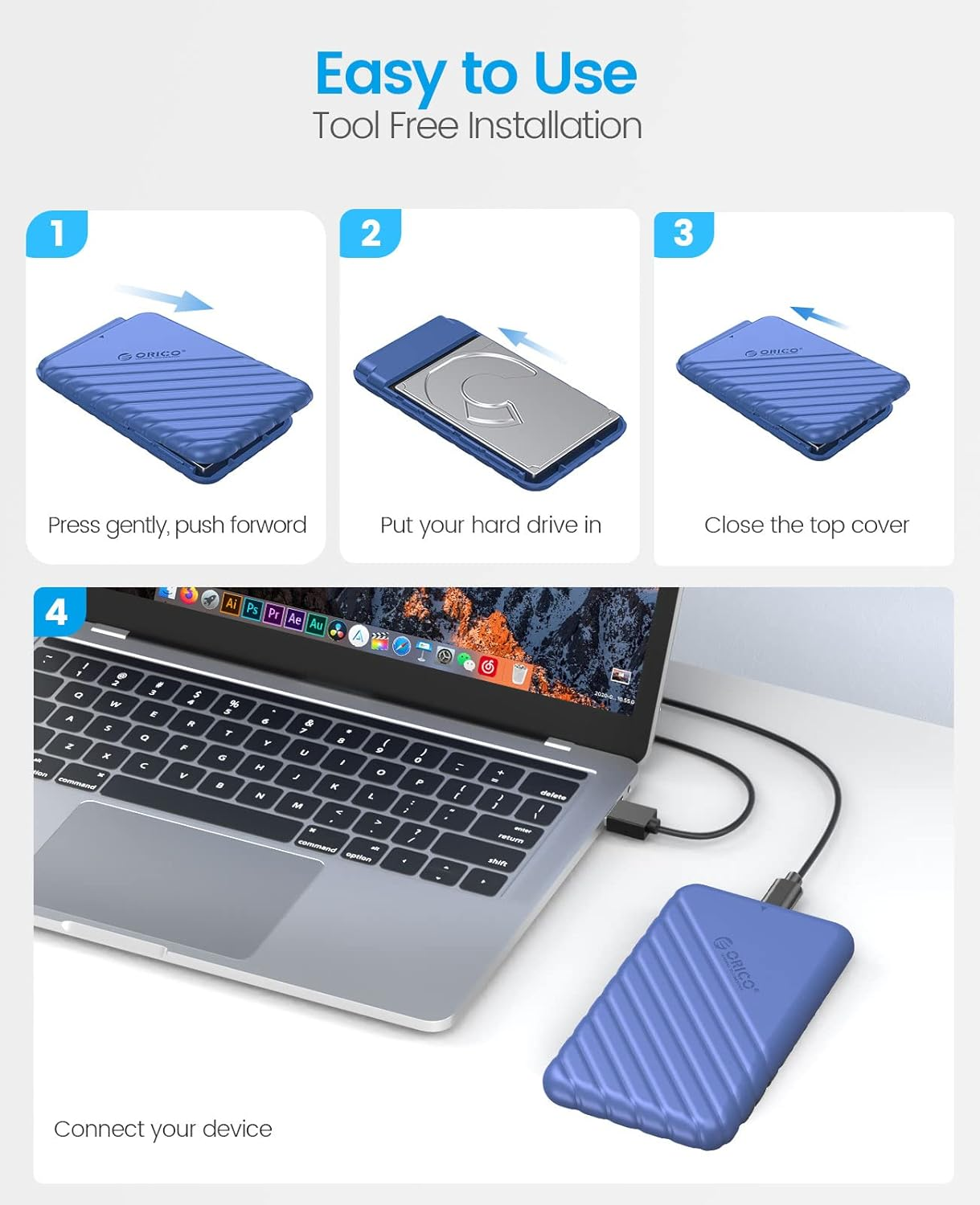 Anleitung: Festplatte einbauen und an Laptop anschließen. Blaues Gehäuse.