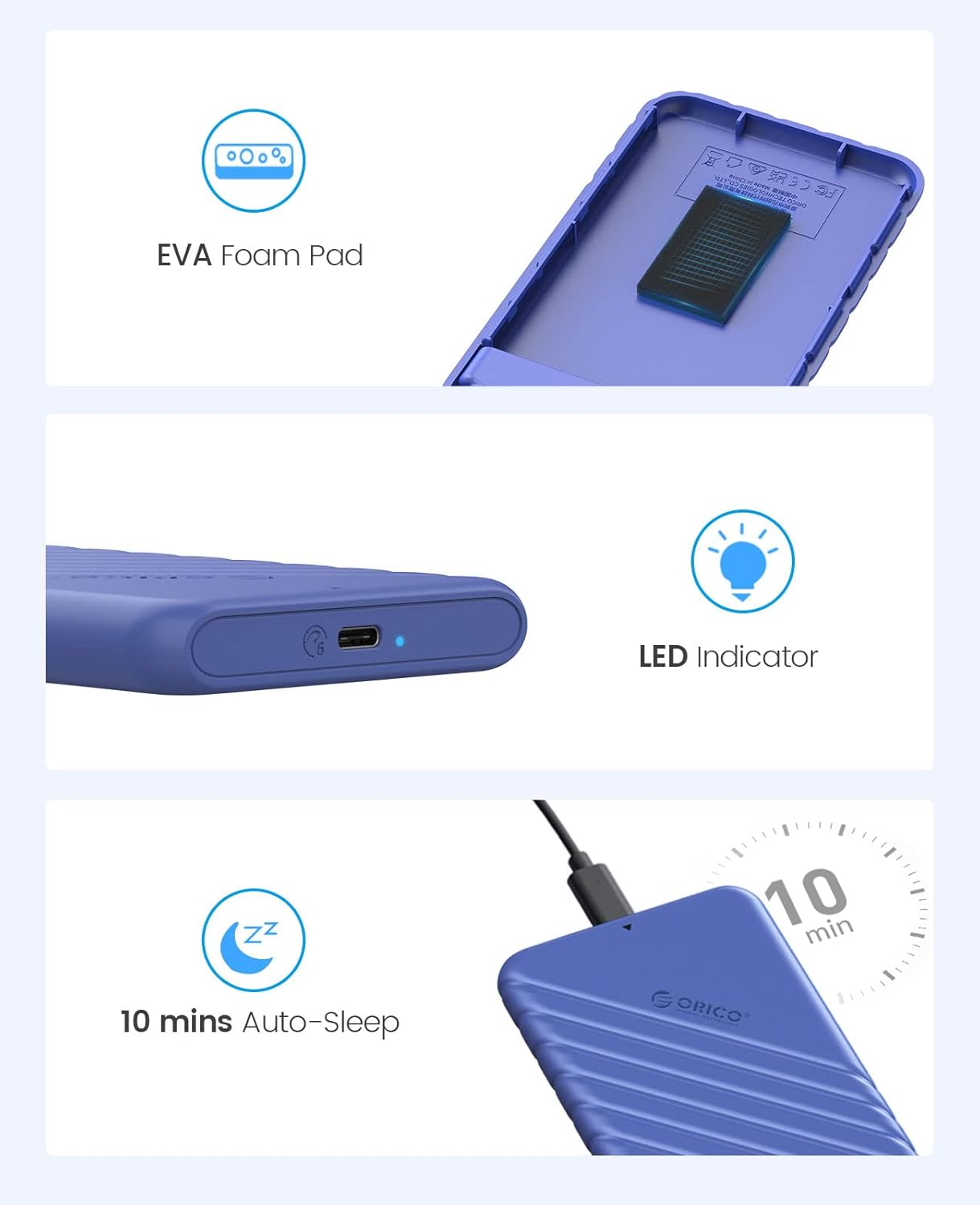Blaue externe Festplatte mit EVA-Schaumstoffpolster, LED-Anzeige und 10-Minuten-Autosleep-Funktion.