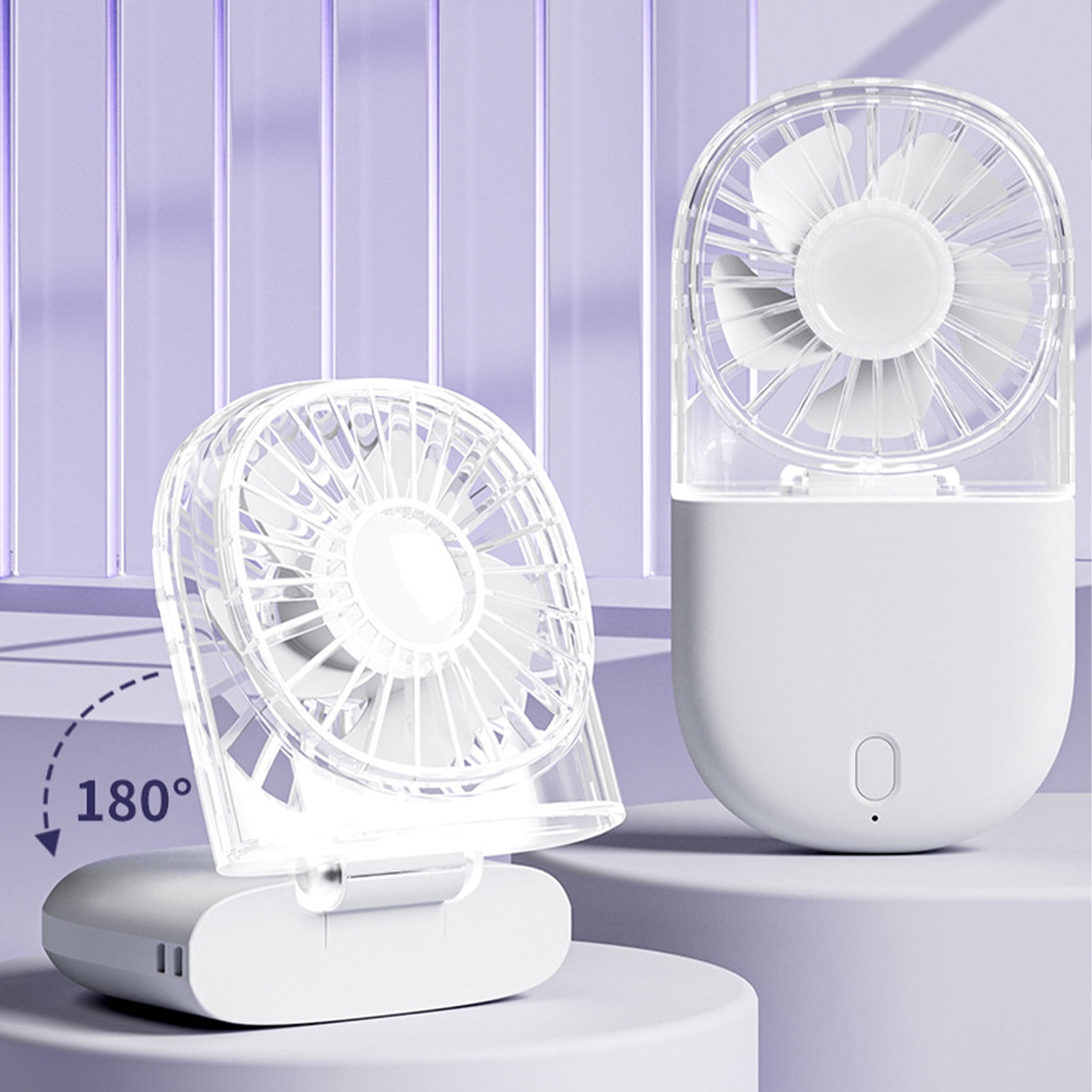 Zwei weiße tragbare Ventilatoren, einer aufrecht, der andere um 180° verstellbar.
