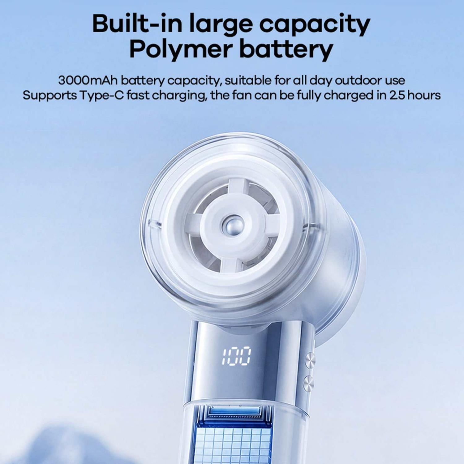 Ein weißer Ventilator mit digitaler Anzeige und Text über Akku.