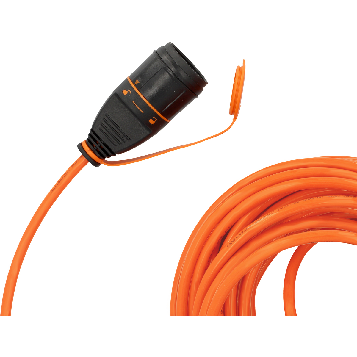 Orange Kabelrolle mit schwarzem Stecker und orangefarbener Schutzkappe.