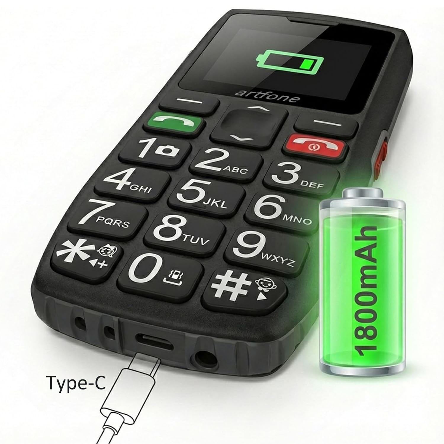 Schwarzes Handy mit großen Tasten, das einen 1800-mAh-Akku und USB-C-Anschluss zeigt.
