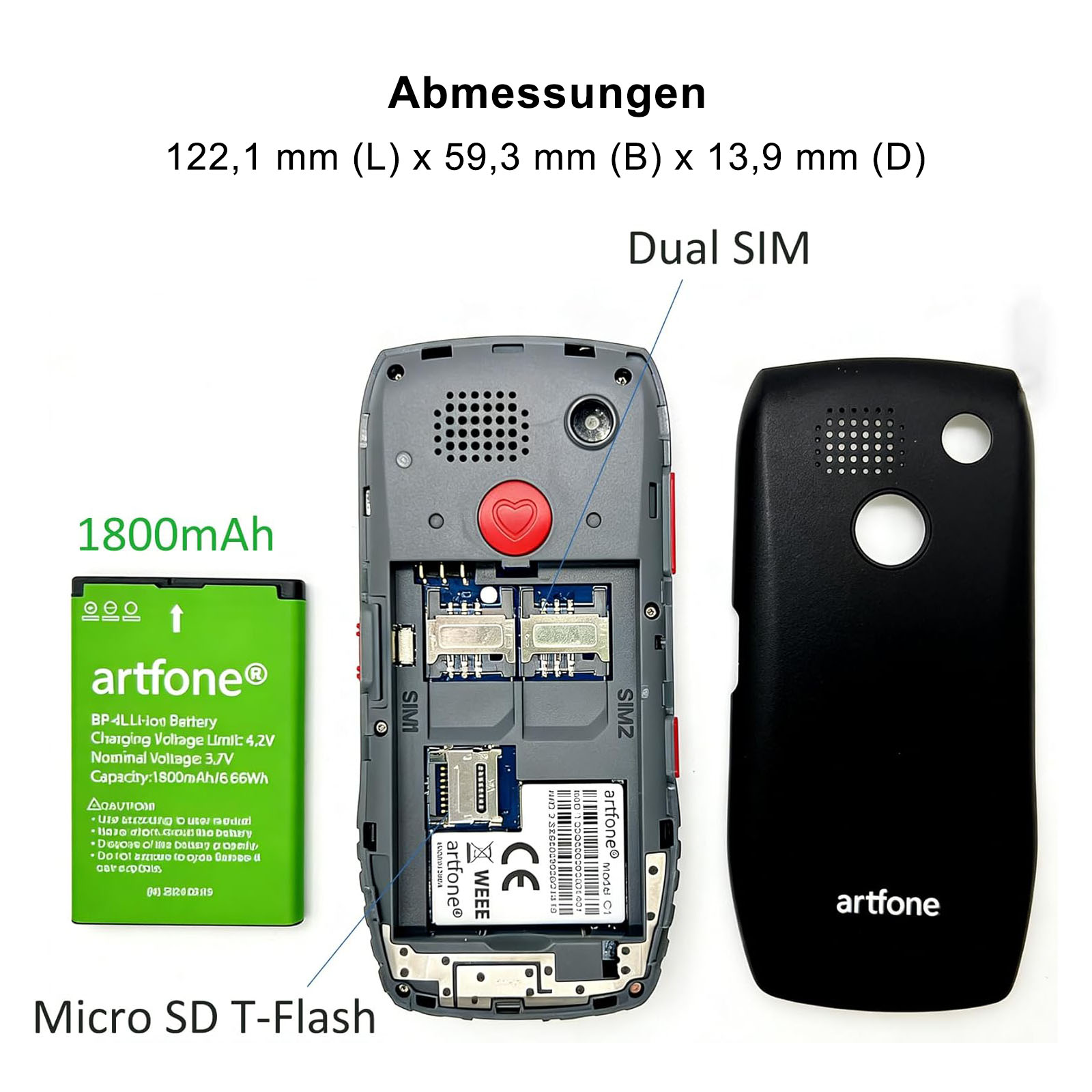 Artfone Handy mit abnehmbarem Rückendeckel, Batterie und SIM-Kartensteckplätzen.