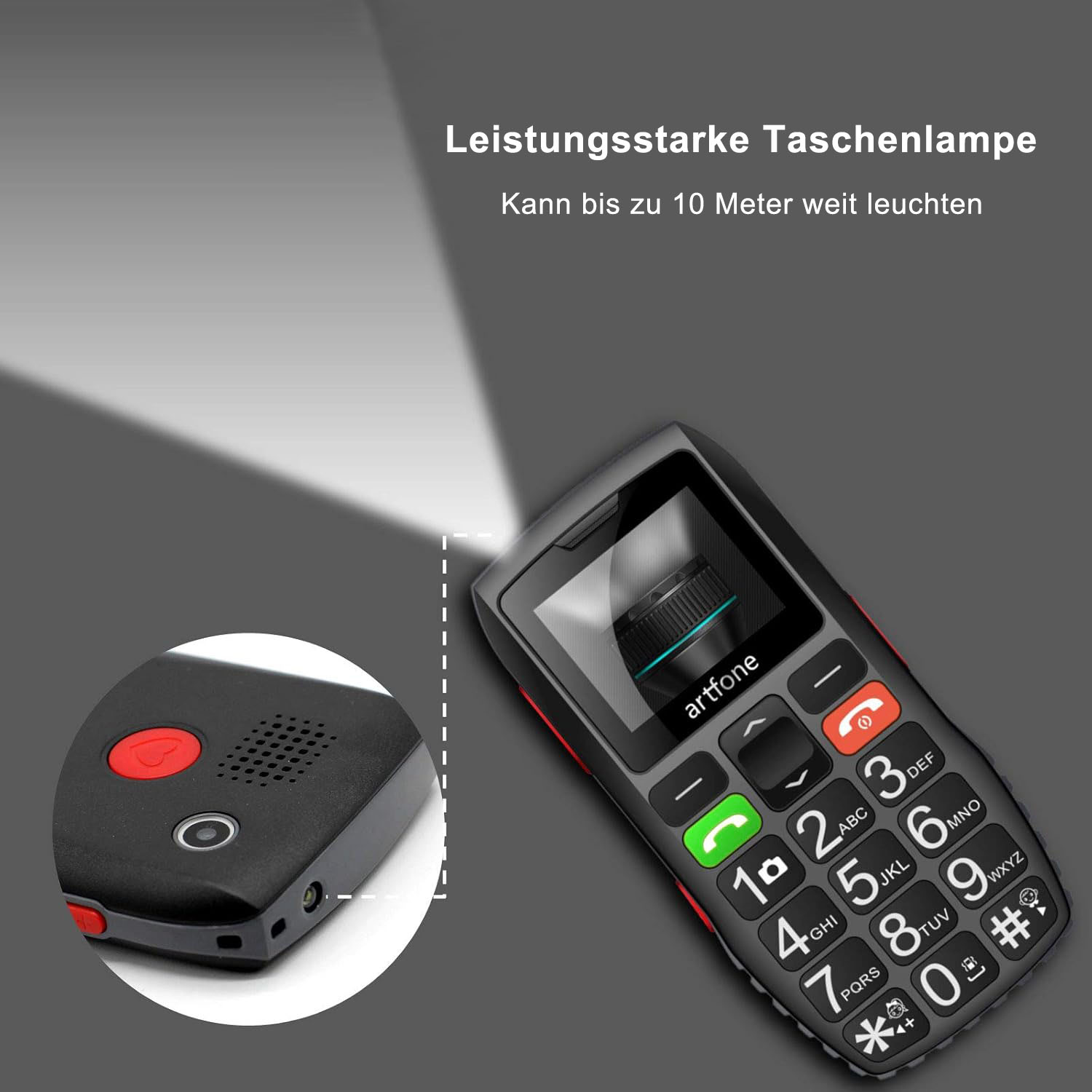 Ein schwarzes Seniorenhandy mit großen Tasten und einer Taschenlampenfunktion.