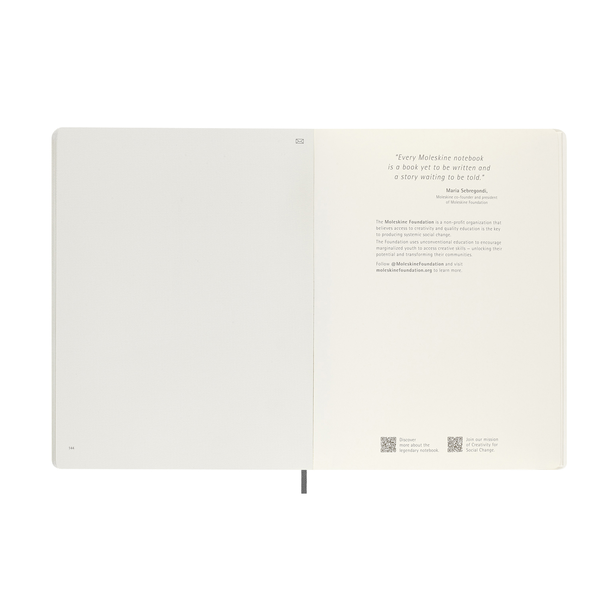 Una citazione sui taccuini Moleskine e la Fondazione Moleskine con codici QR.