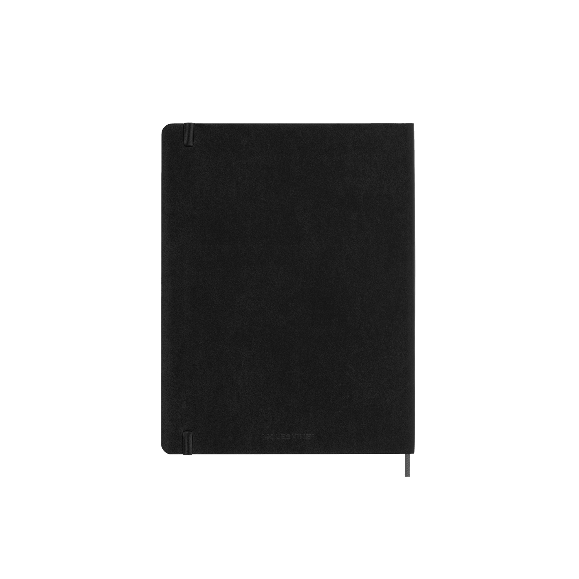 Un taccuino nero chiuso con logo Moleskine e segnalibro.