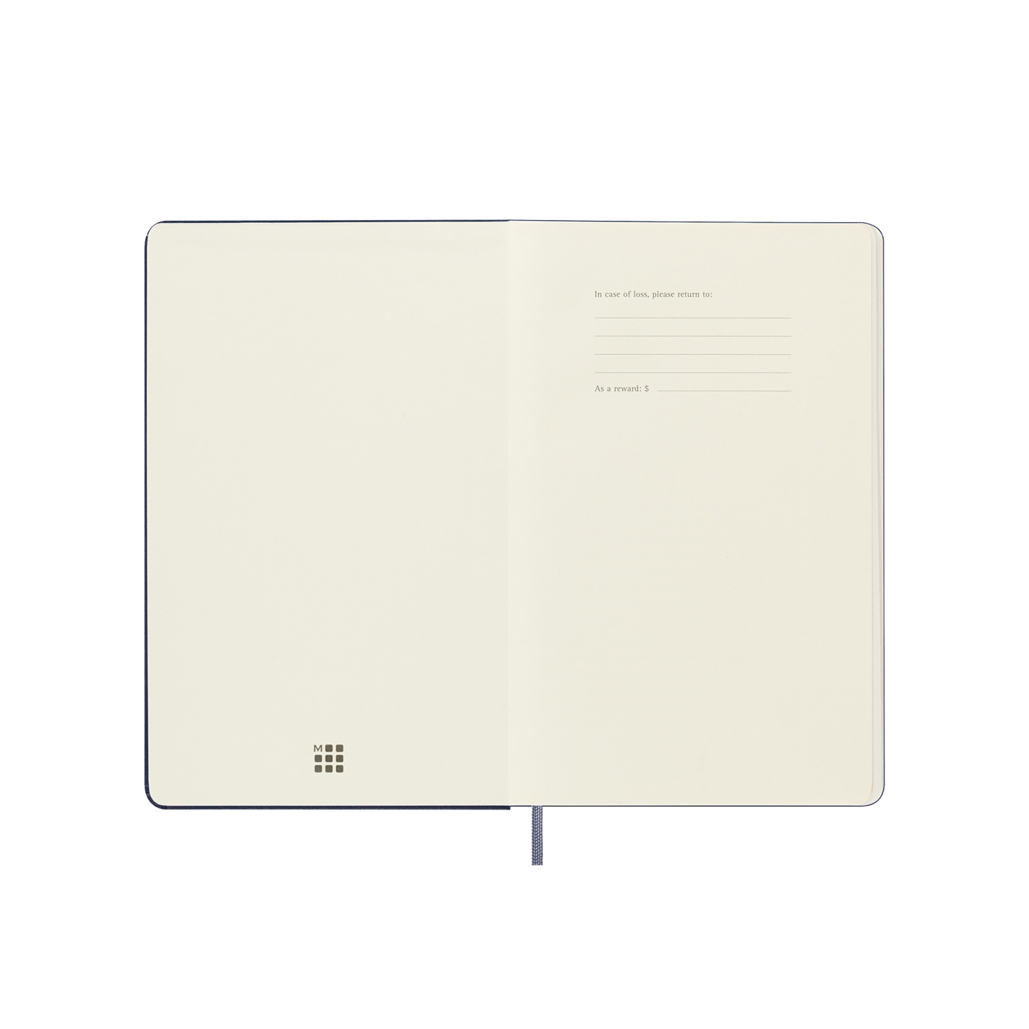 Un taccuino aperto con logo Moleskine e testo di restituzione.