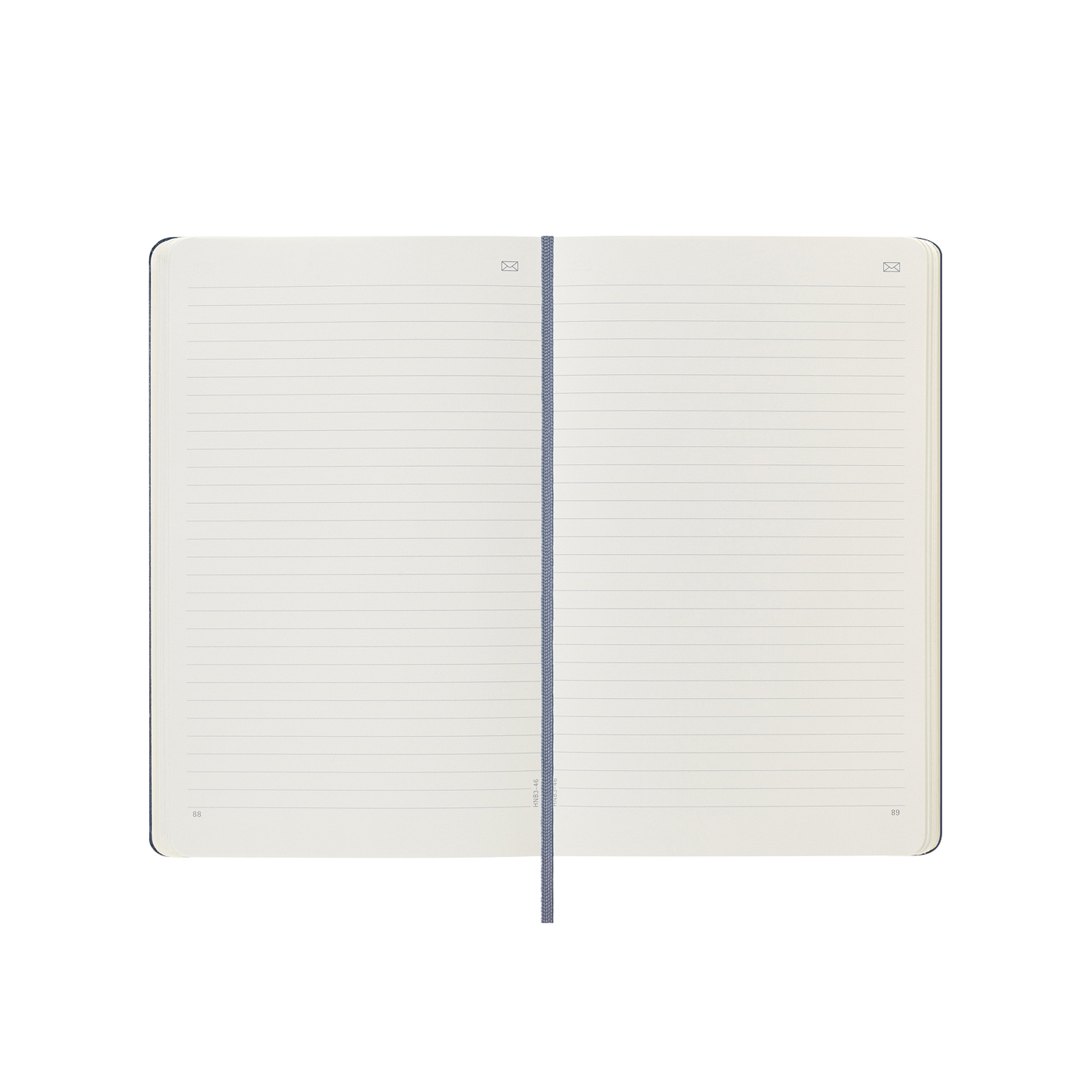 Un taccuino aperto con pagine a righe e un segnalibro blu.
