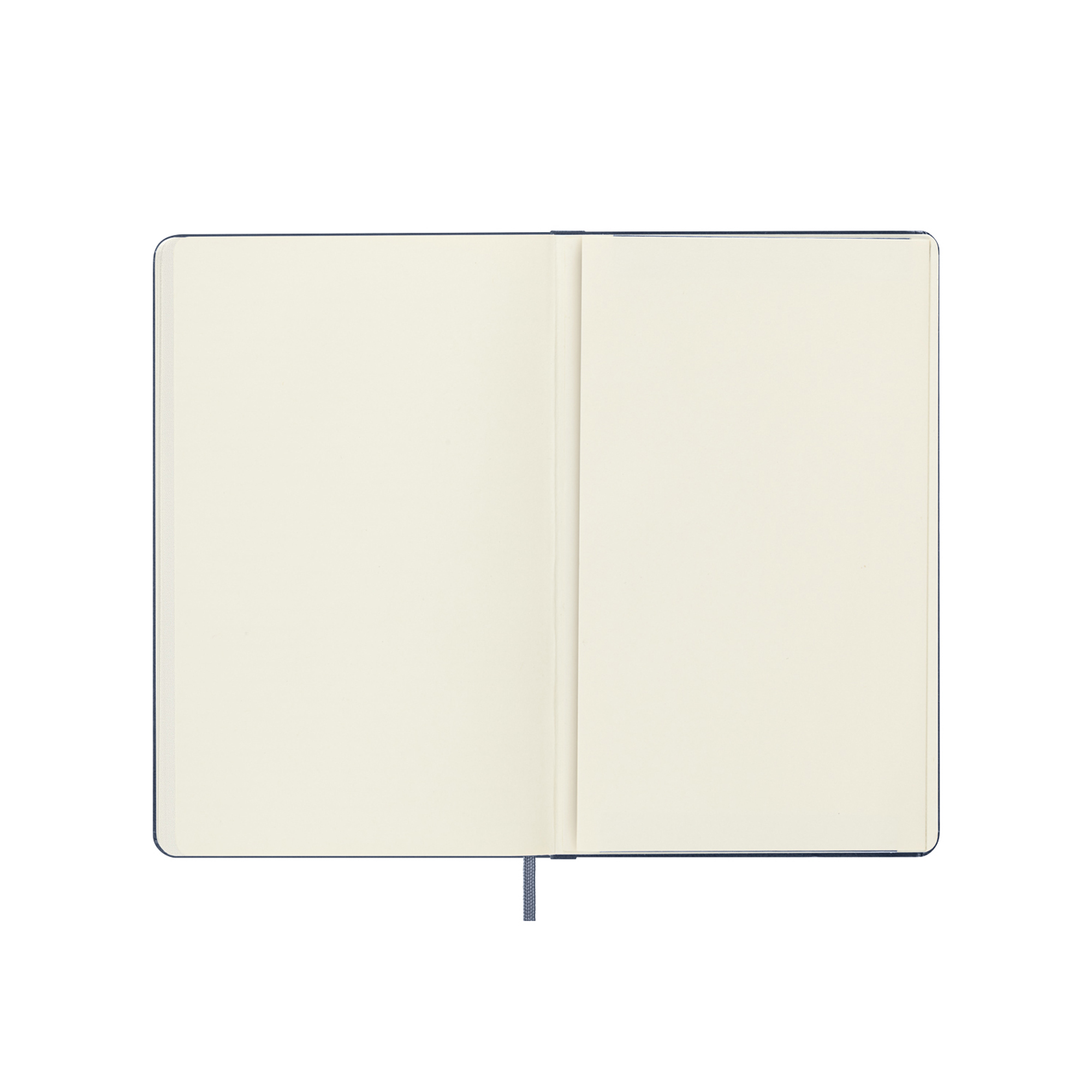 Un taccuino aperto con pagine color crema e copertina blu.