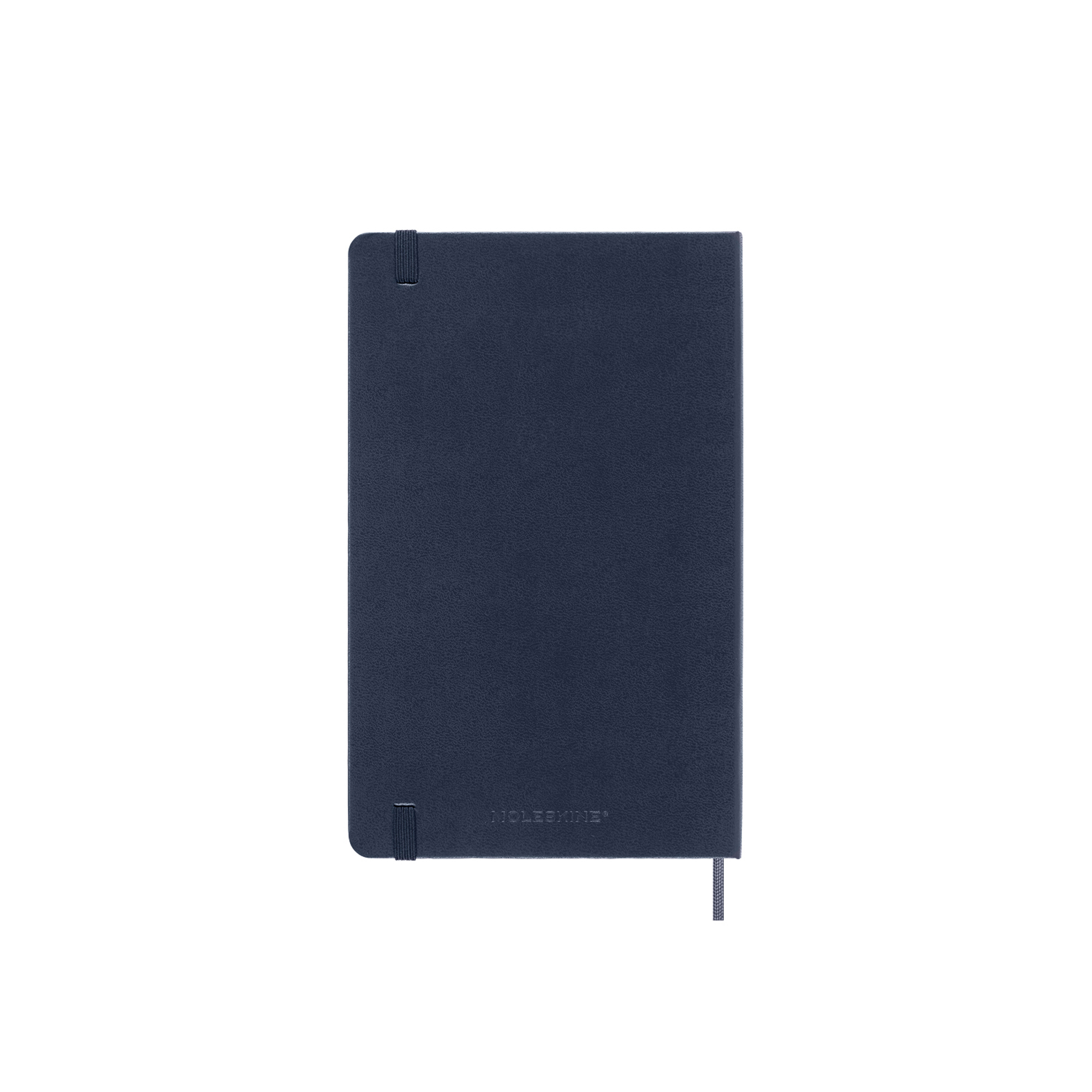 Un taccuino Moleskine blu scuro con elastico e segnalibro.