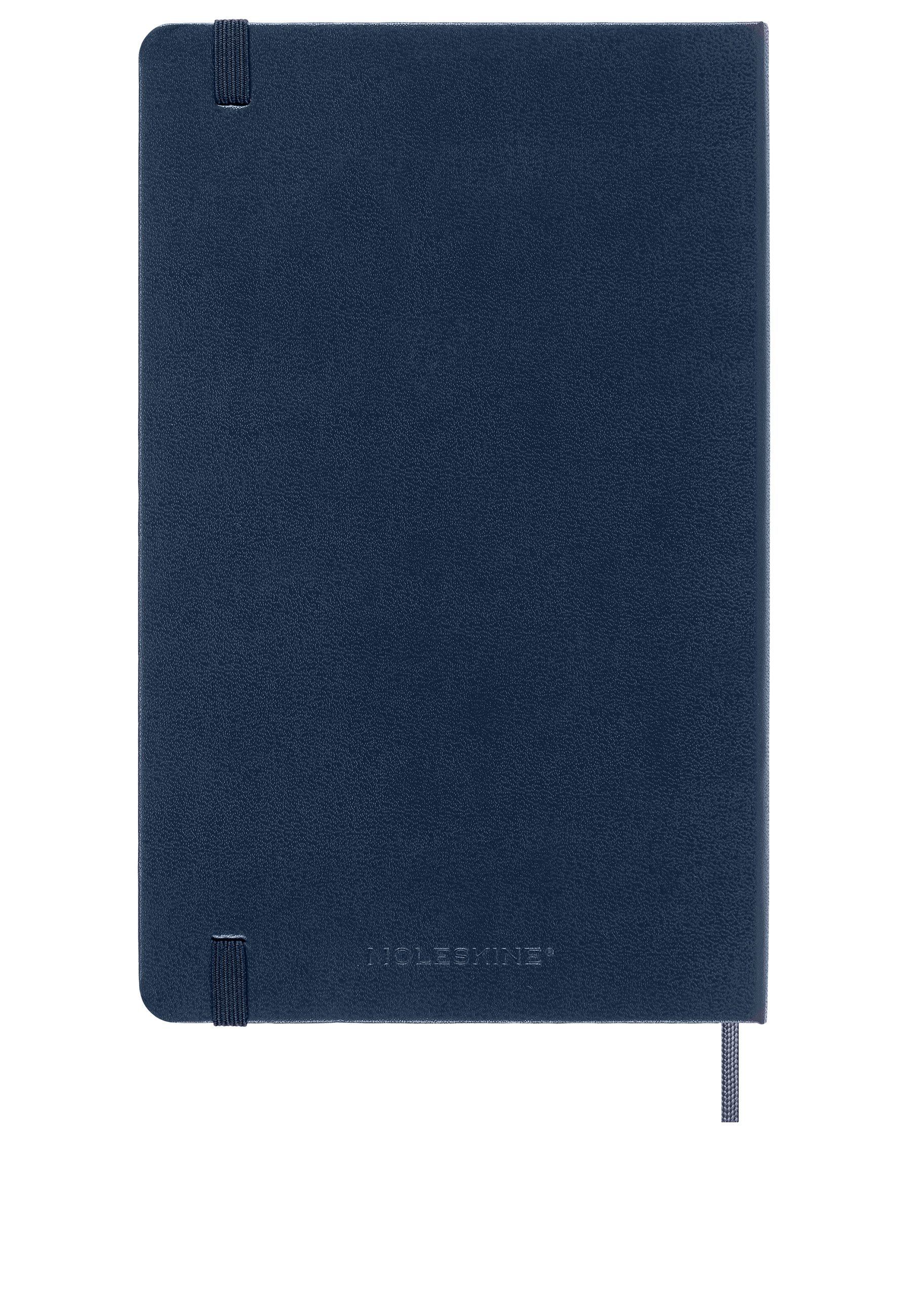 Taccuino Moleskine blu scuro con elastico e segnalibro.