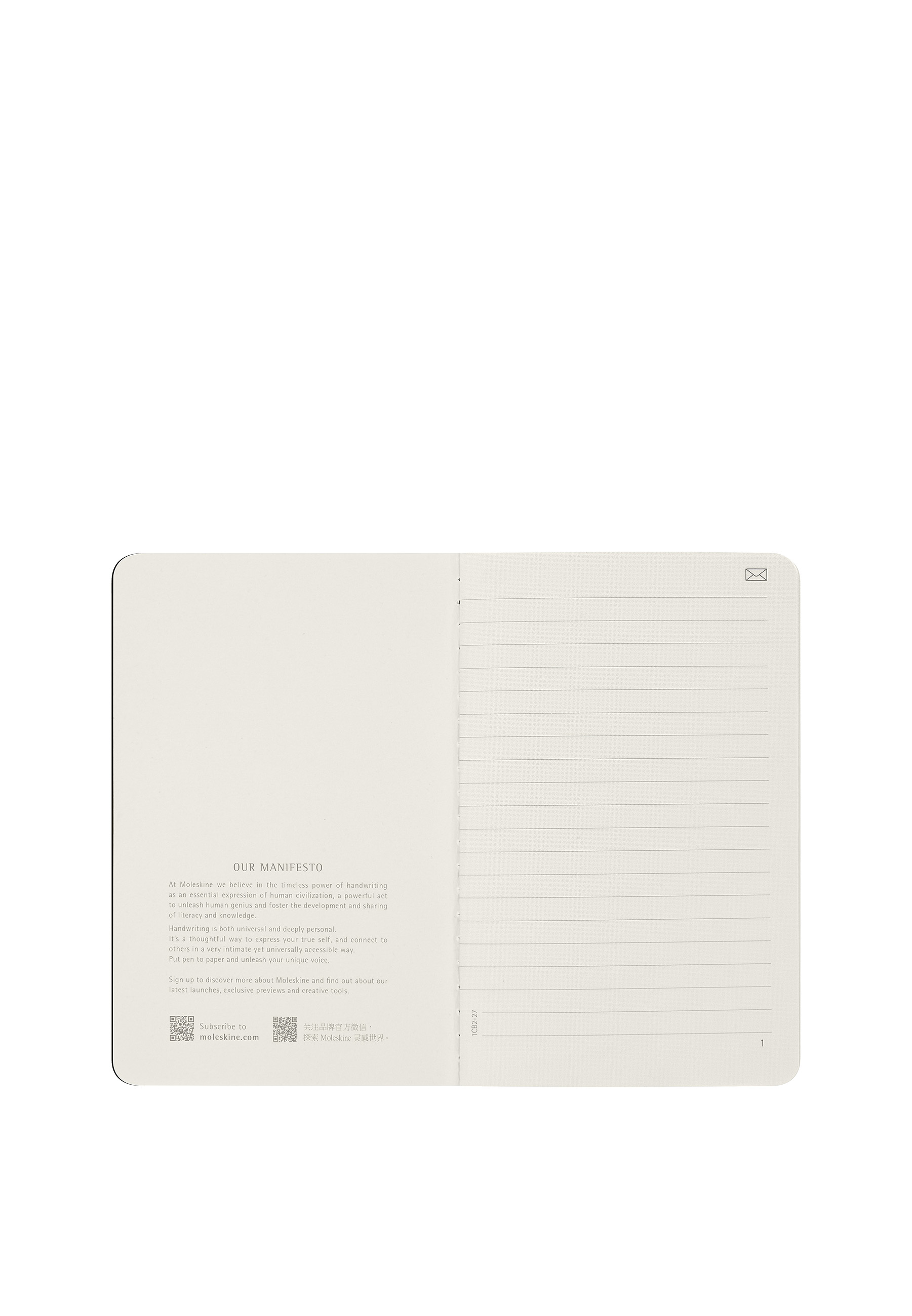 Un taccuino aperto con testo sul manifesto Moleskine sulla pagina sinistra.