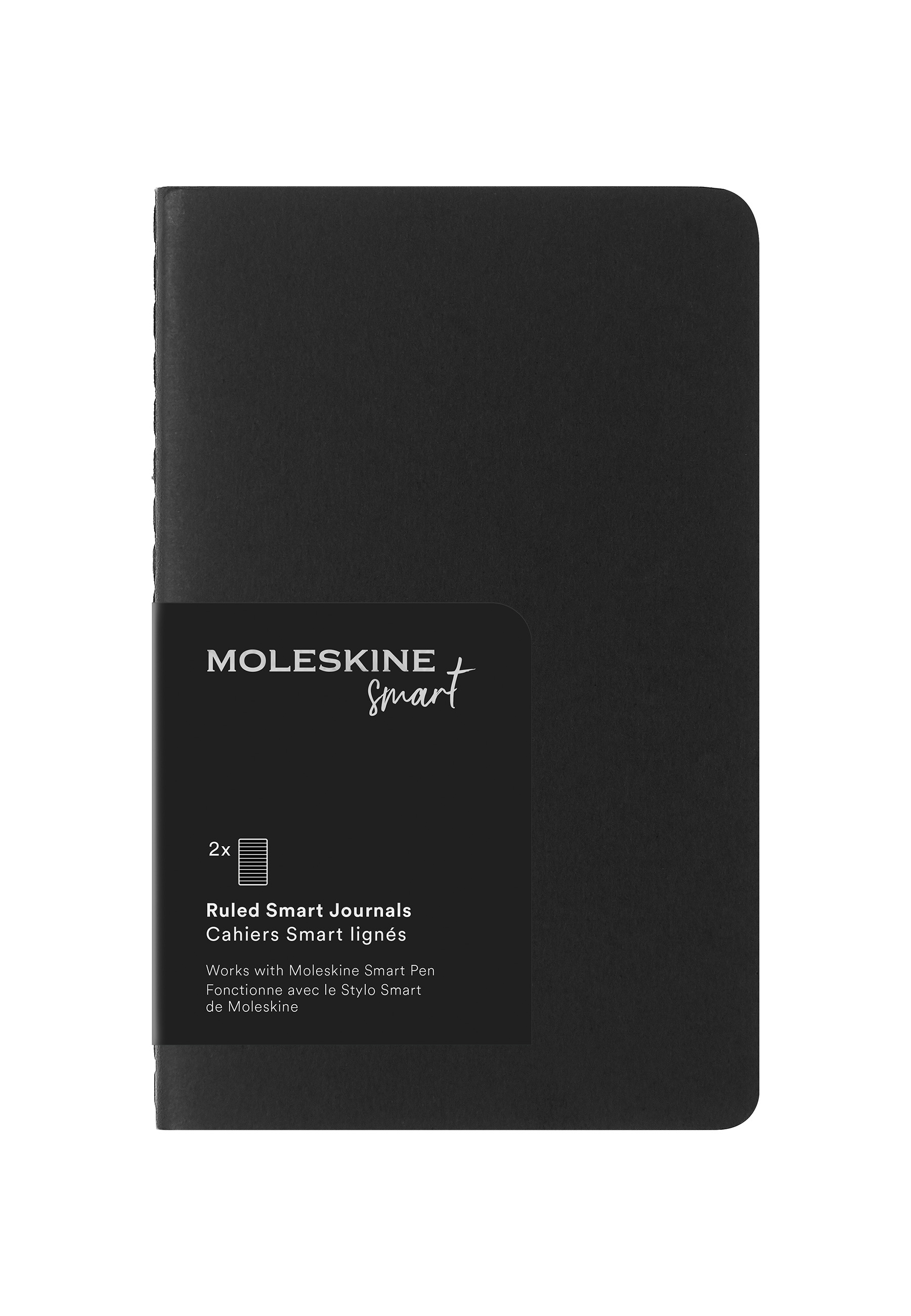 Taccuino Moleskine Smart nero con stampa 'Ruled Smart Journals'.