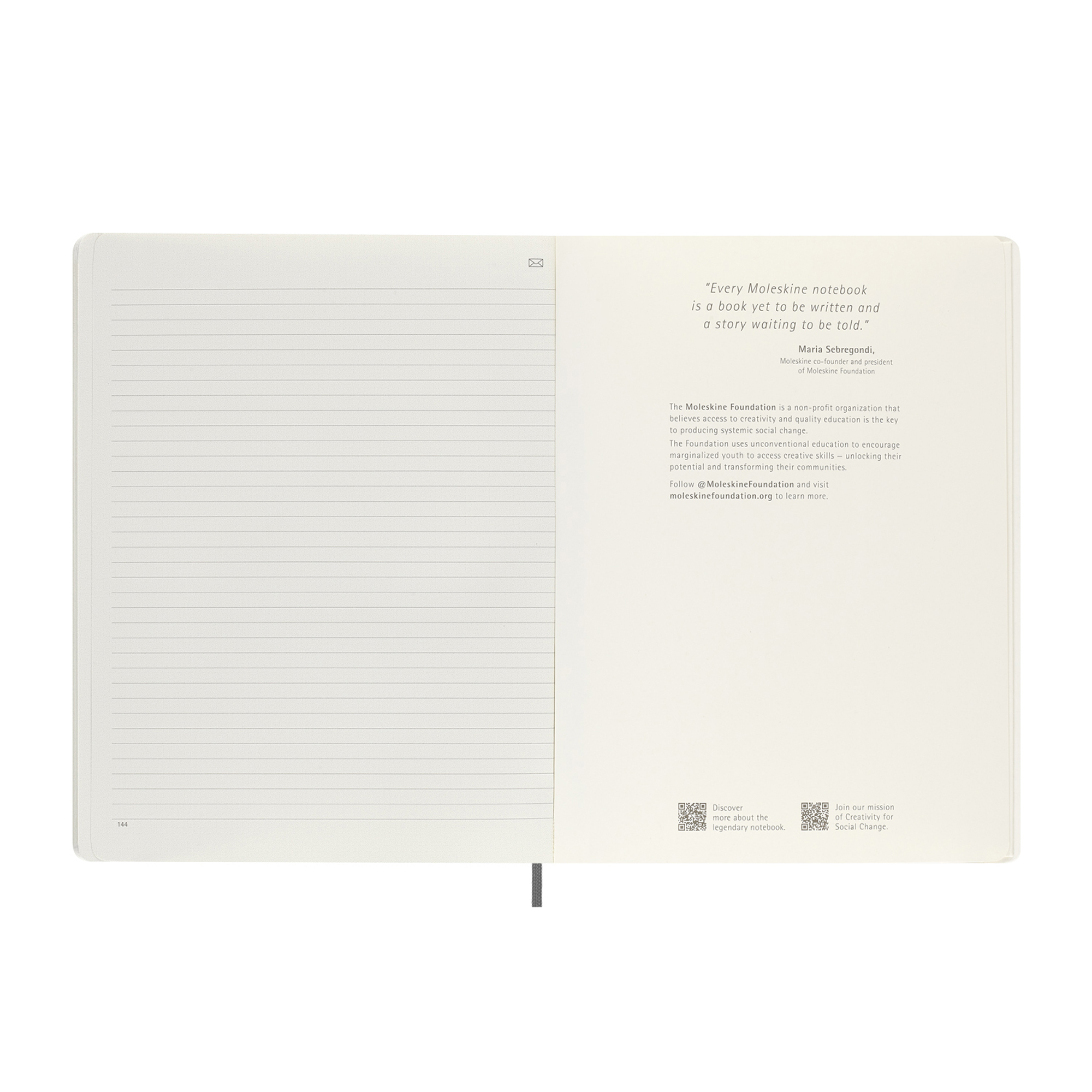 Taccuino aperto con pagine a righe e testo sulla Fondazione Moleskine.