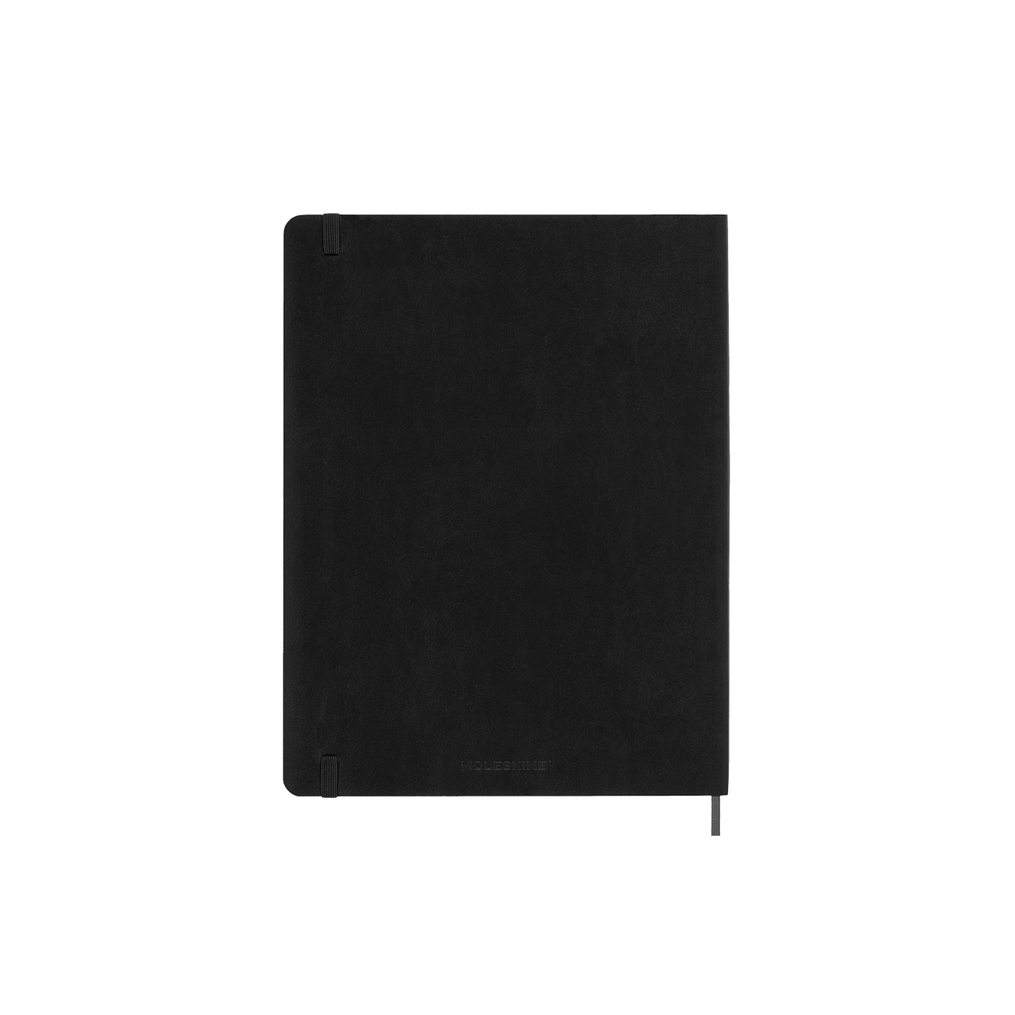 Un taccuino Moleskine nero con elastico e segnalibro.