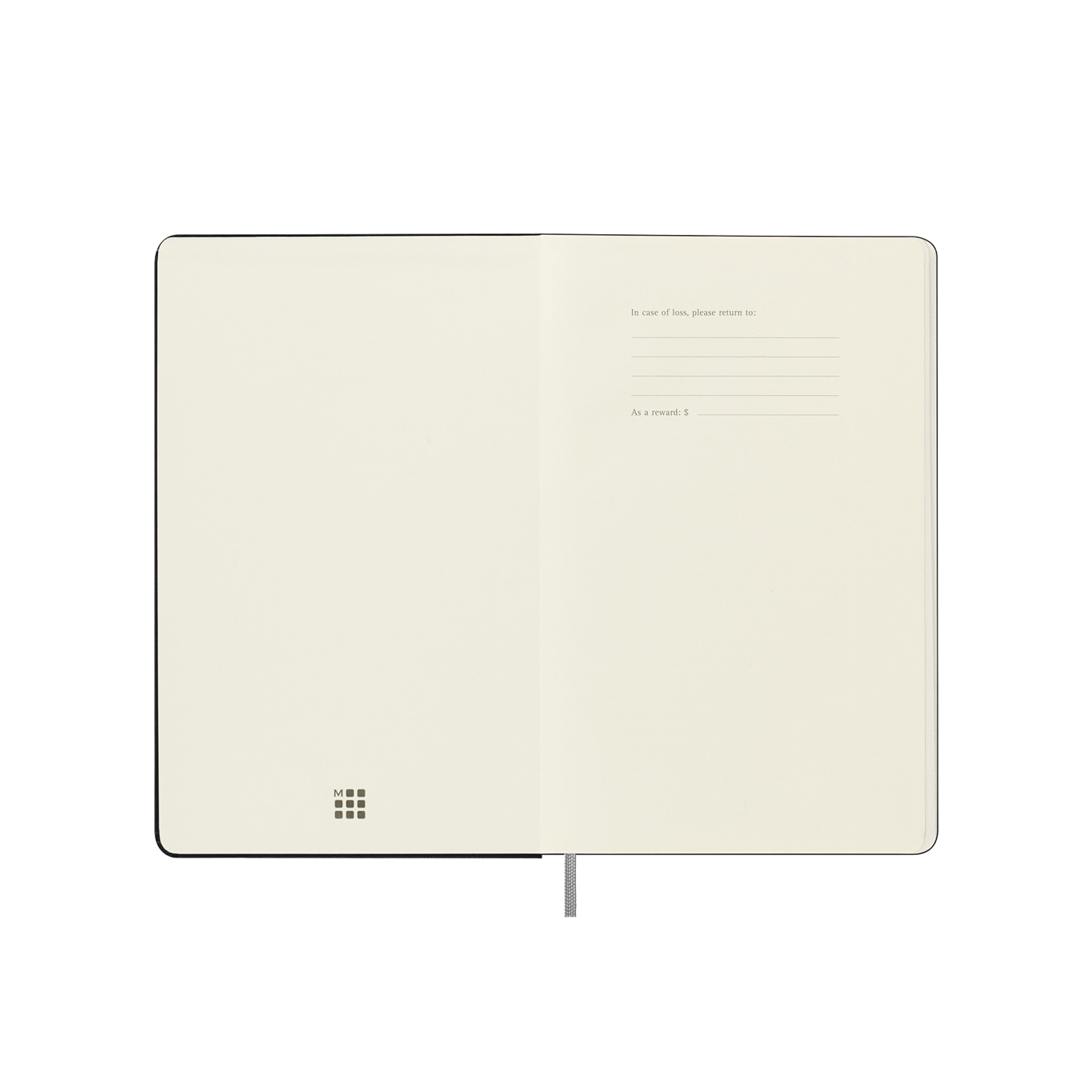 Un taccuino aperto con pagine chiare e nota 'restituire se smarrito'. Logo M.