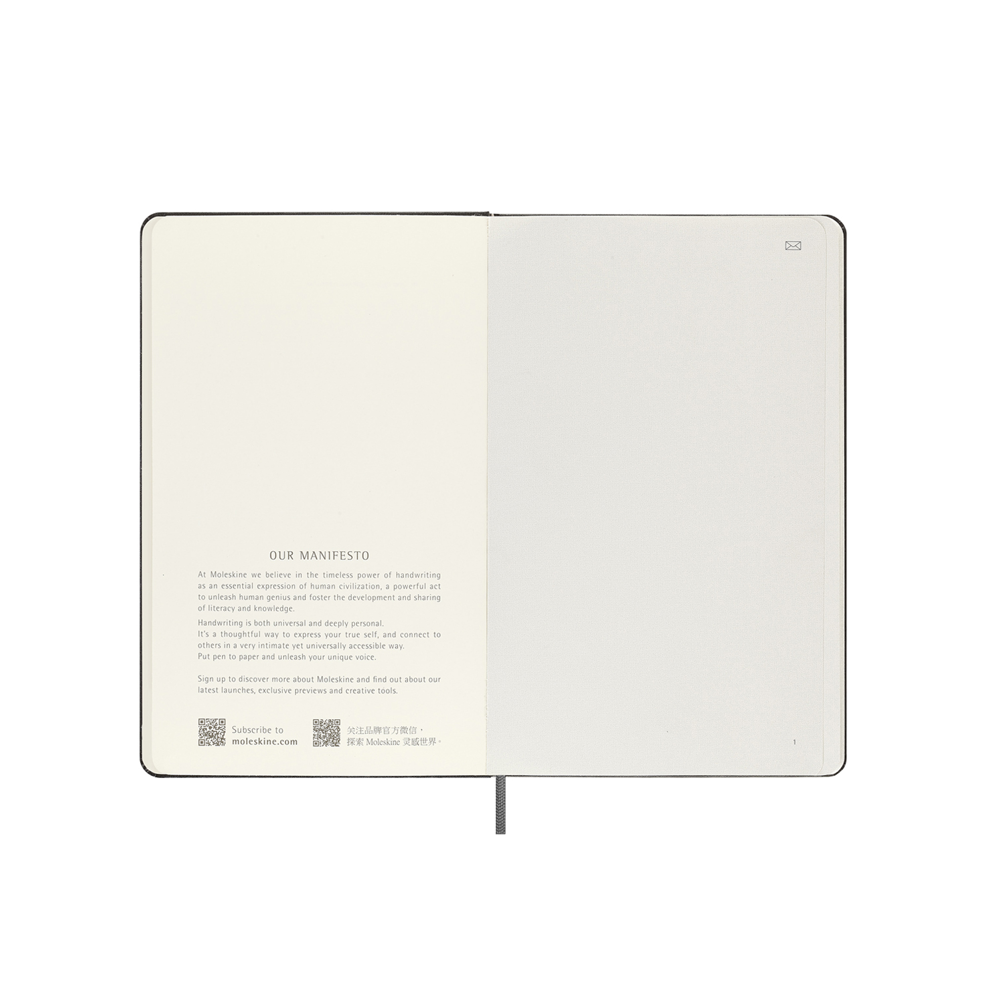 Un taccuino aperto con il manifesto Moleskine e codici QR.
