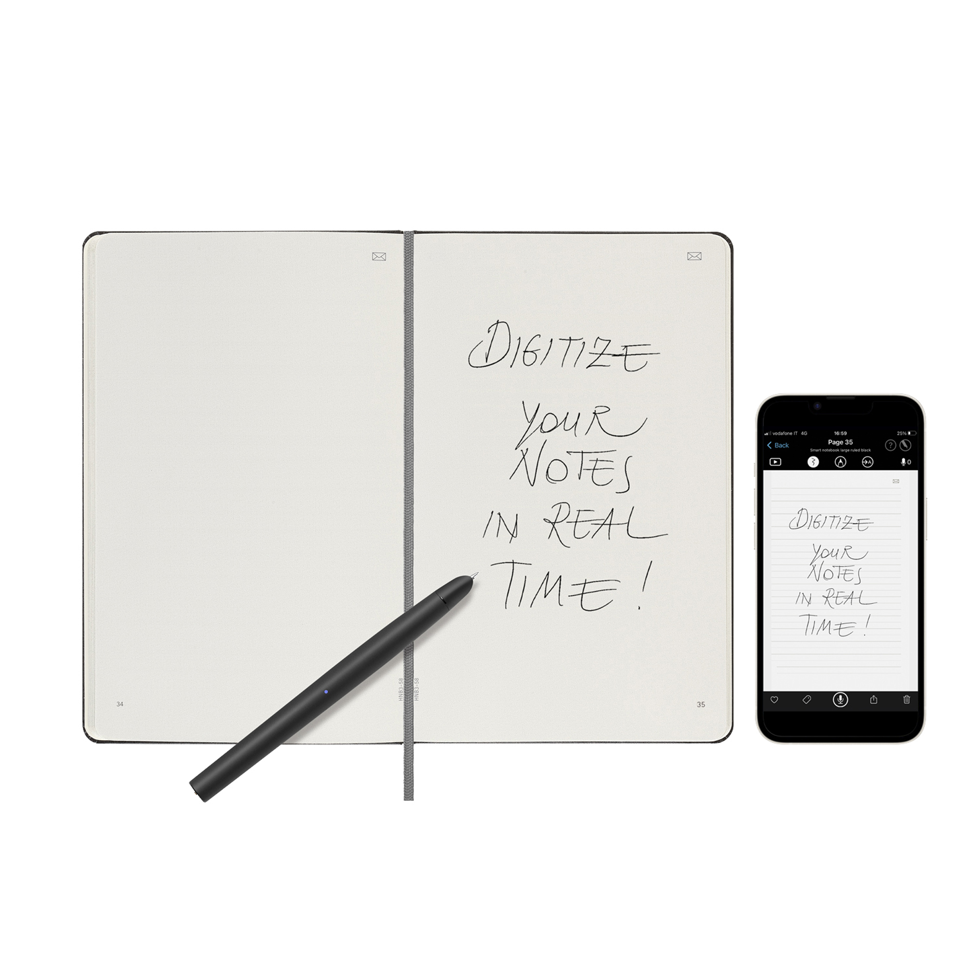 Un taccuino aperto con penna e smartphone che mostra note digitalizzate.