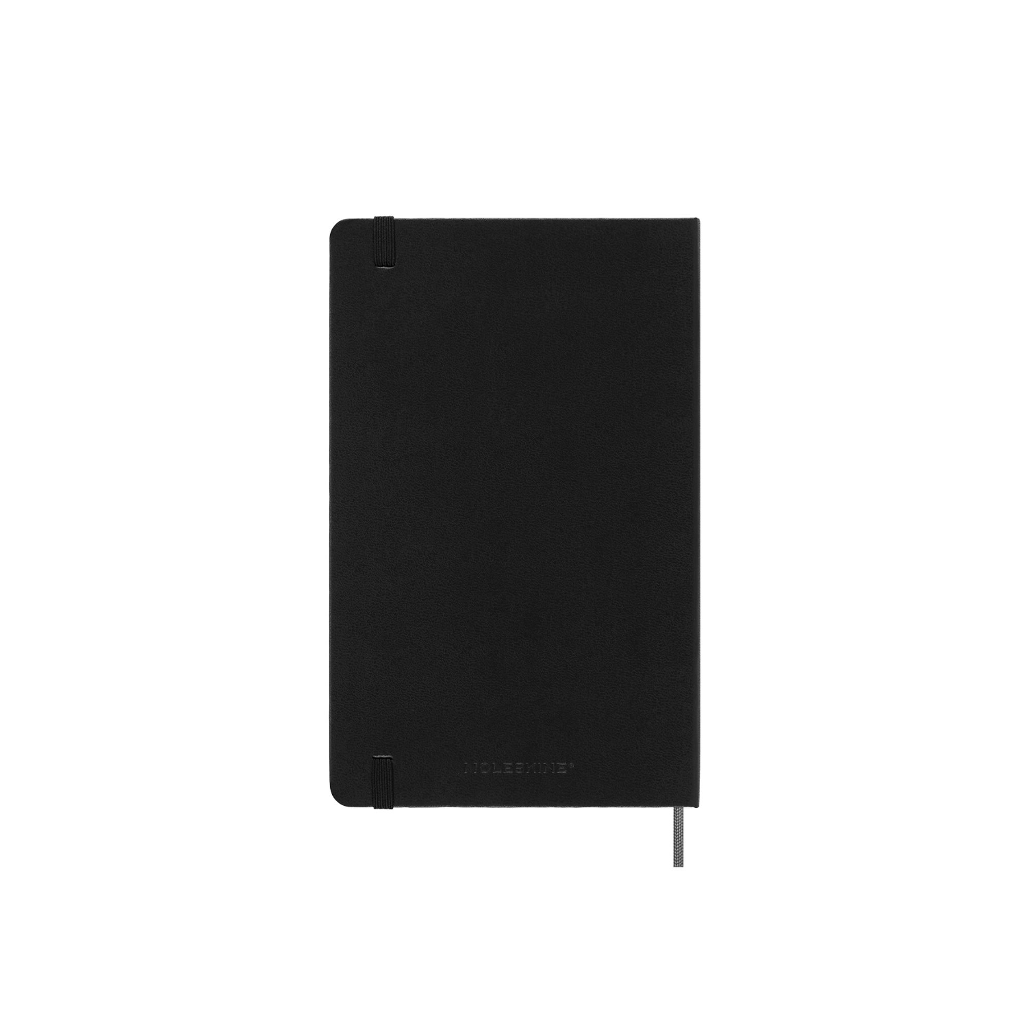 Taccuino Moleskine nero con elastico e segnalibro su sfondo bianco.