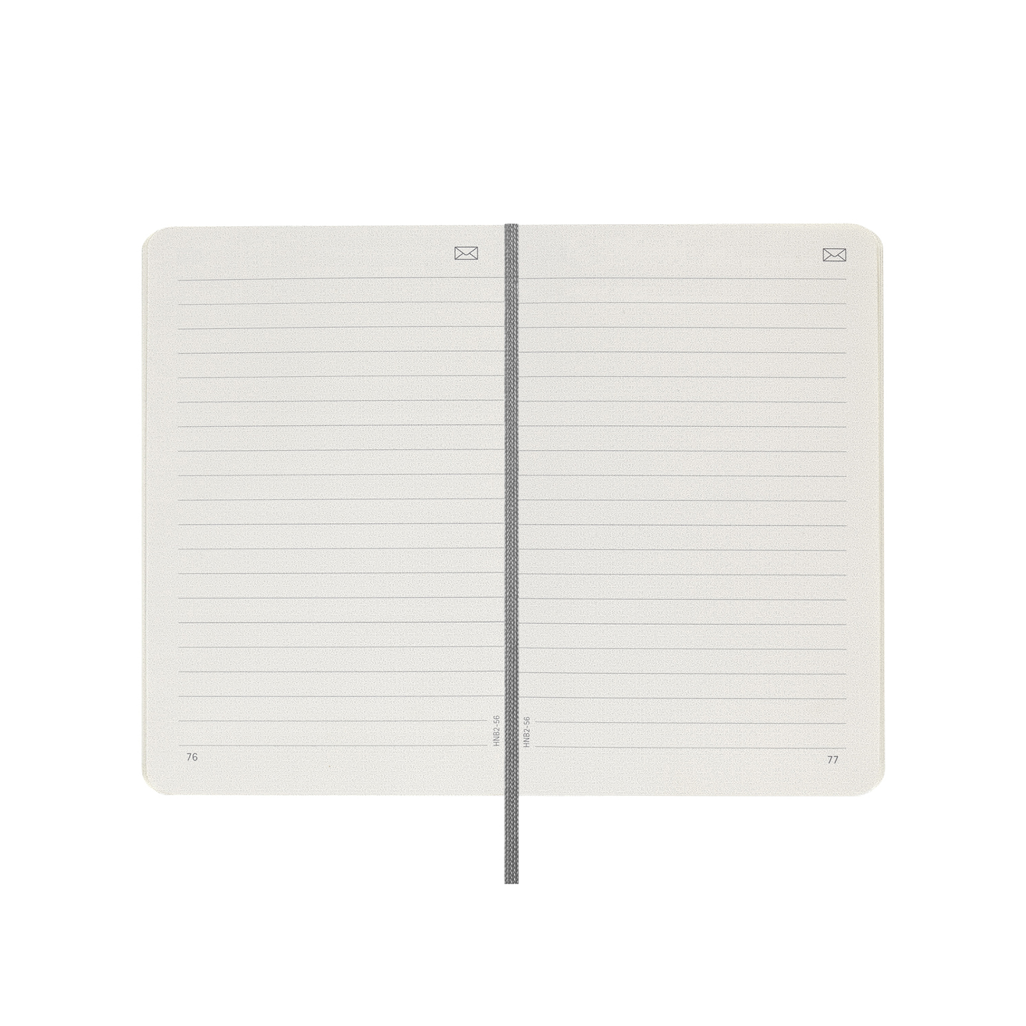 Un taccuino aperto con pagine a righe, un segnalibro e icone di buste in alto.