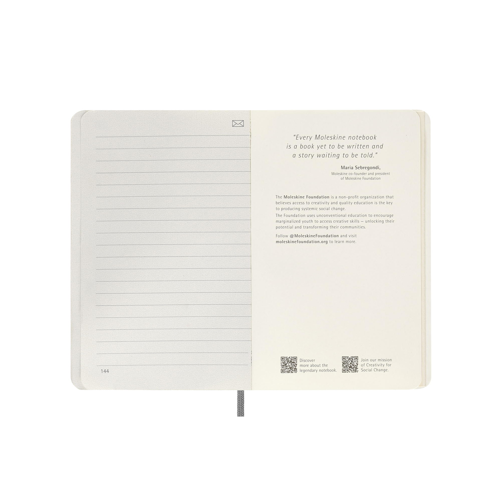 Una pagina Moleskine a righe con testo sulla Fondazione. Il numero di pagina 144 è in basso a sinistra.