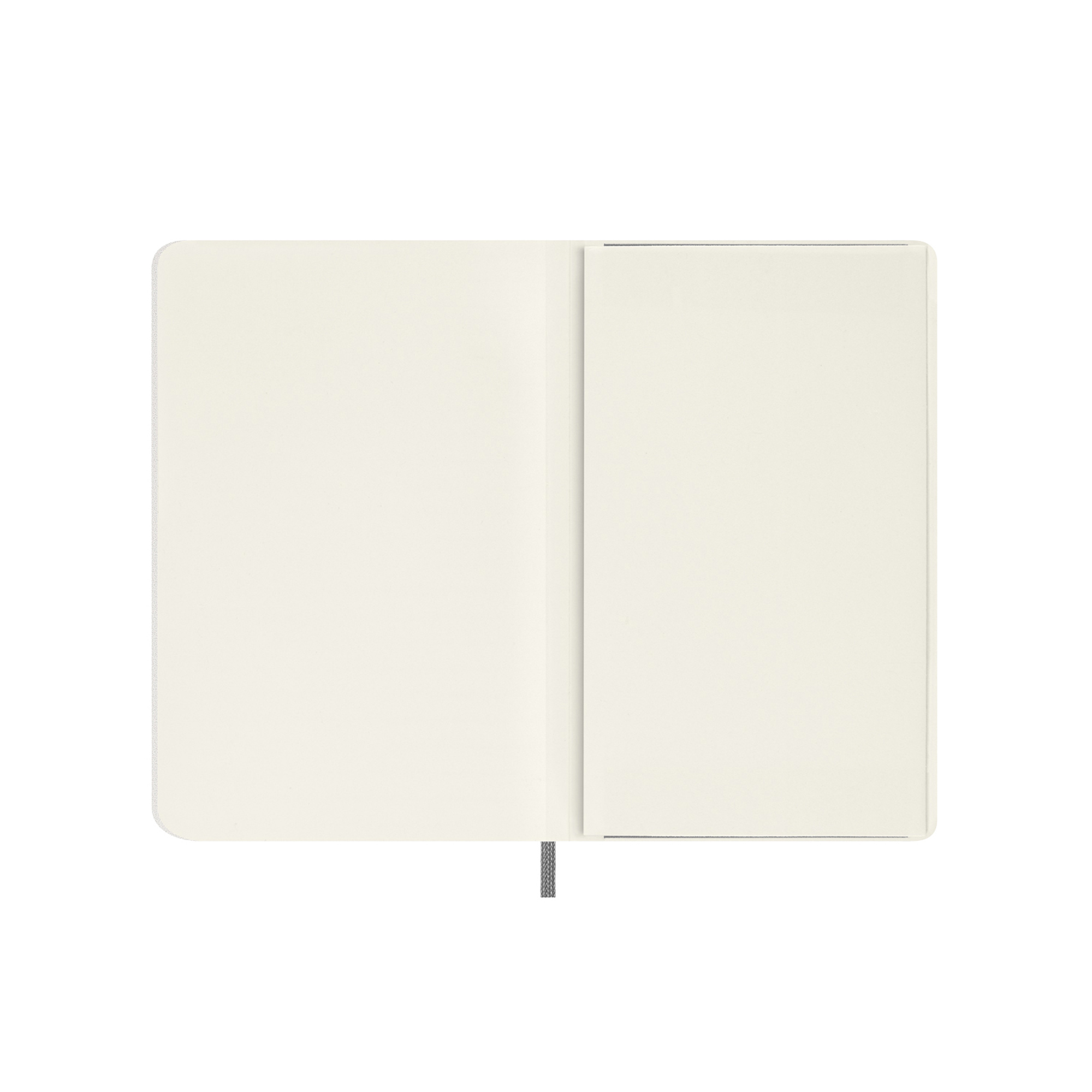 Un taccuino aperto con pagine color crema e un segnalibro grigio.