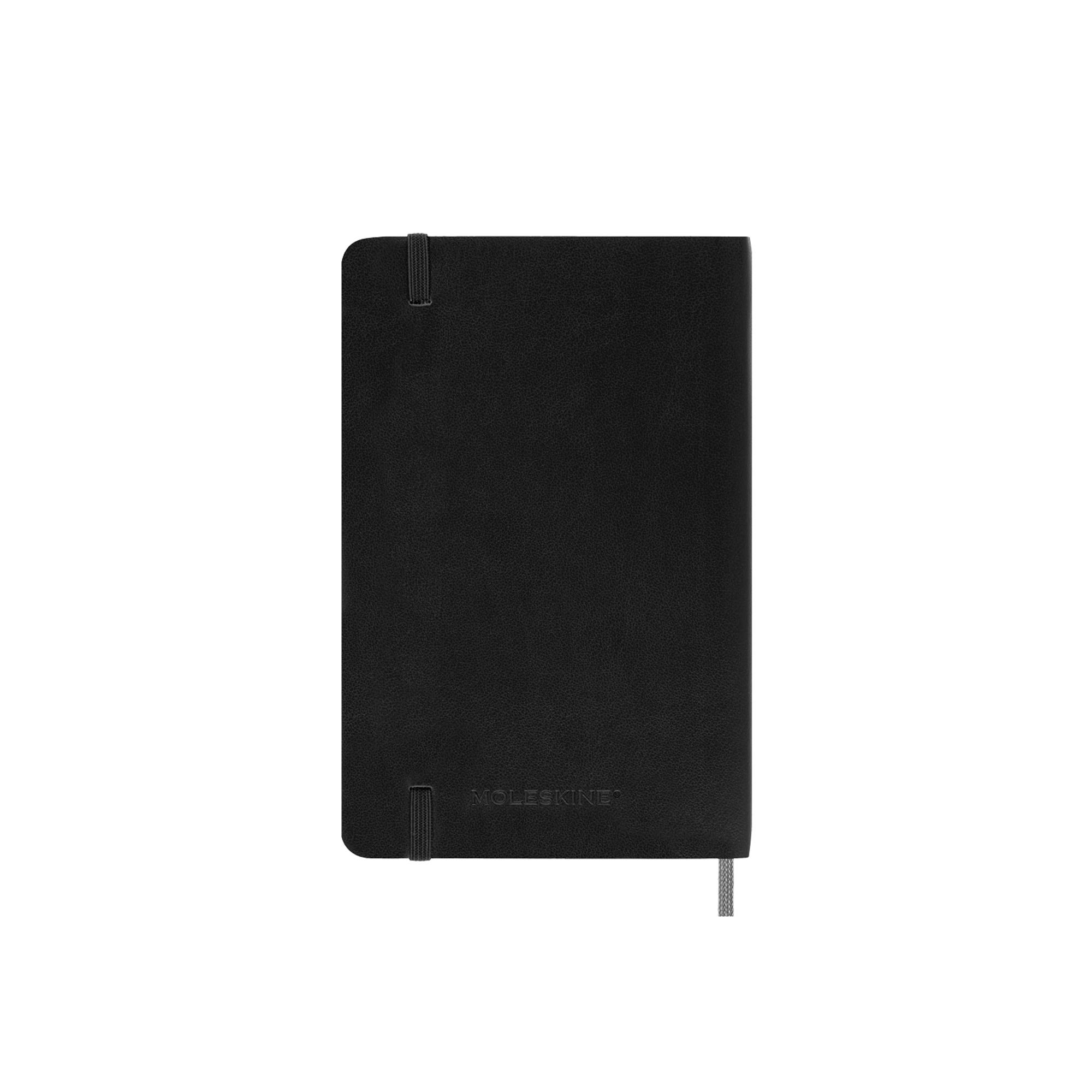 Taccuino nero con chiusura elastica e segnalibro.