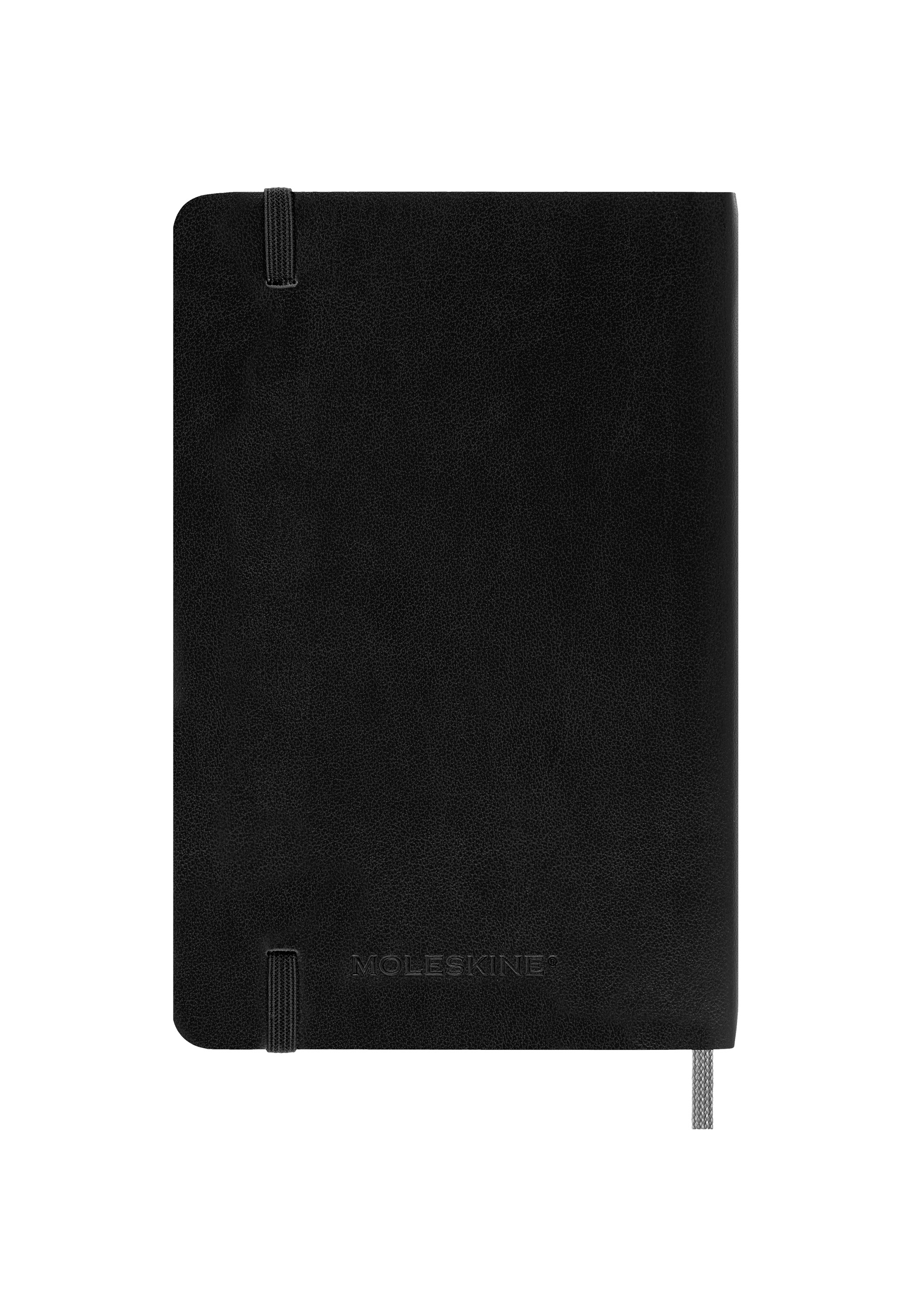 Un taccuino Moleskine nero con chiusura elastica e segnalibro.