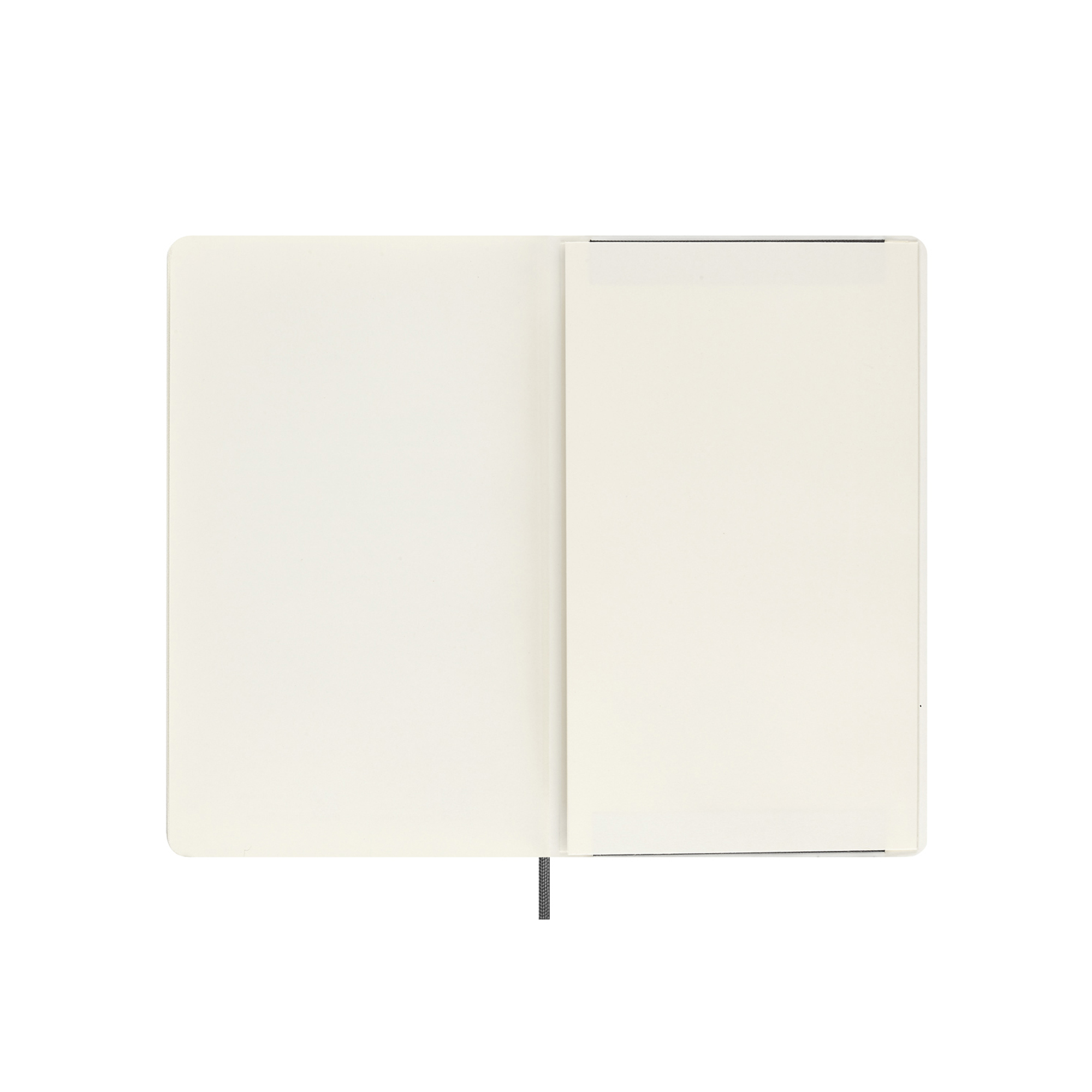 Un taccuino aperto con pagine color crema e un segnalibro grigio scuro.