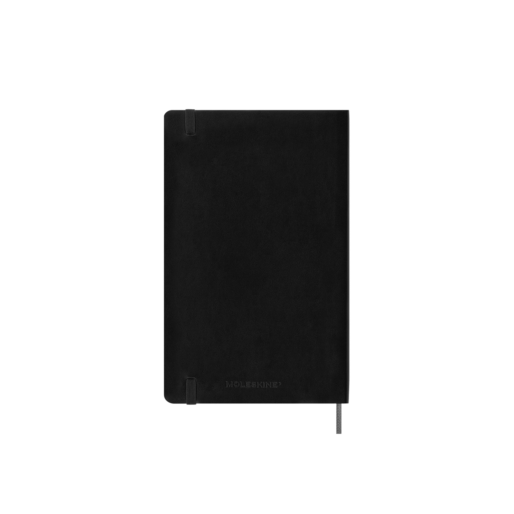 Un taccuino Moleskine nero con elastico e segnalibro.