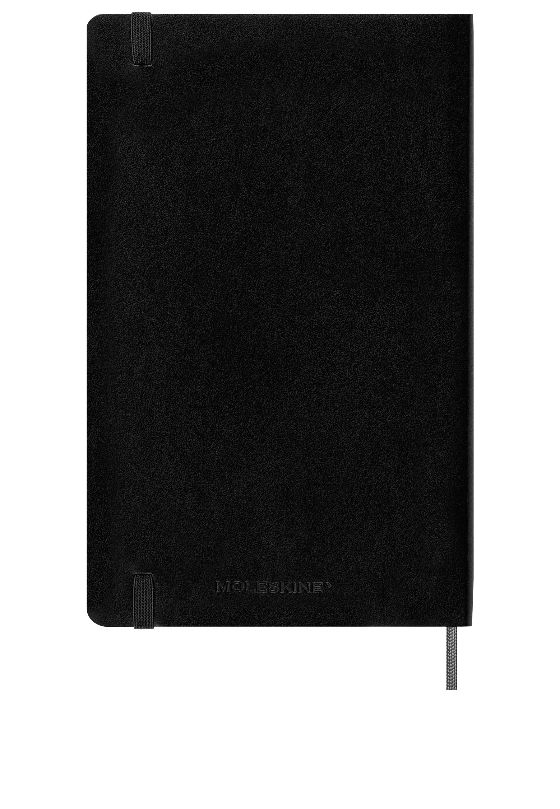 Taccuino Moleskine nero con elastico e segnalibro.