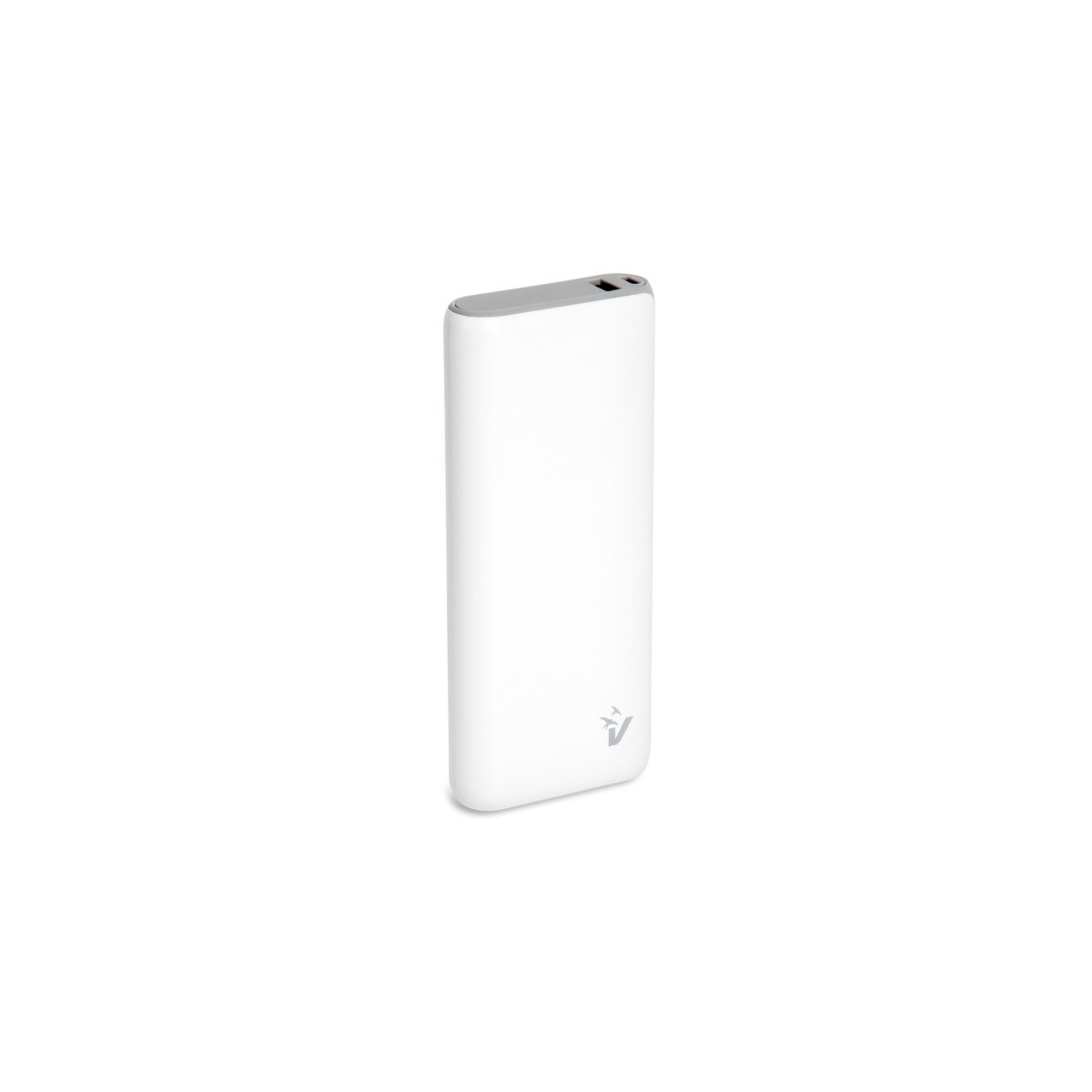Un power bank bianco con parte superiore grigia e due porte USB.