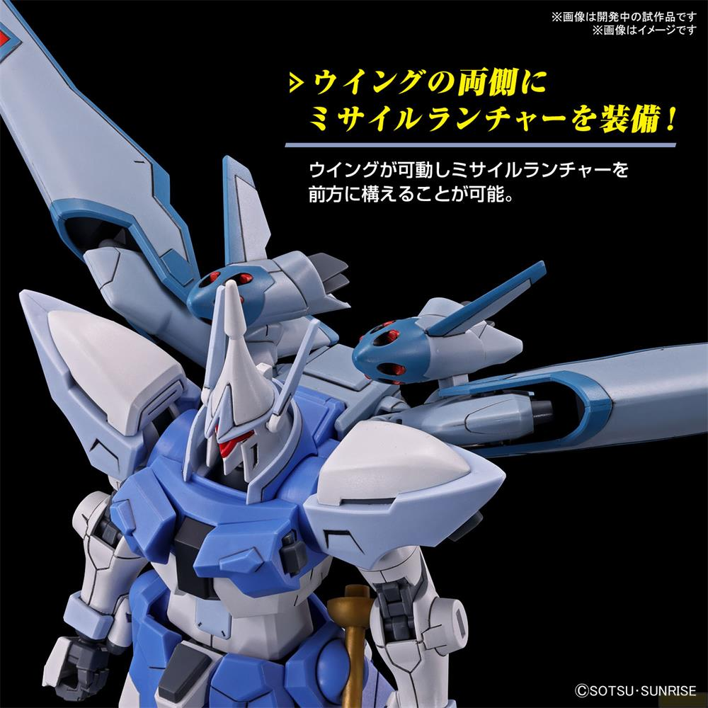 Ein blauer und weißer Roboter mit Flügeln und Raketenwerfern auf schwarzem Hintergrund.
