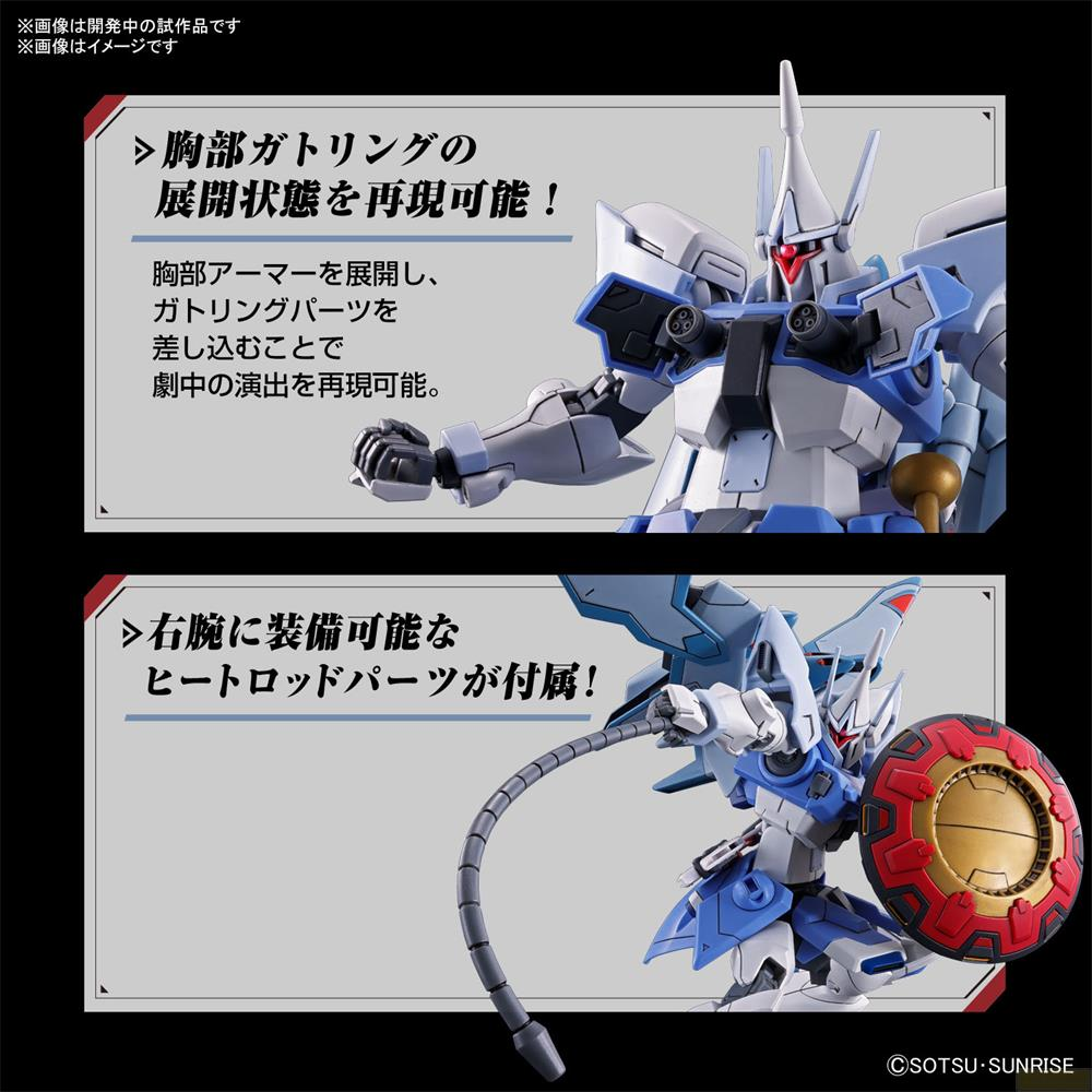 Zwei Ansichten eines blauen und weißen Robotermodells. Oben: Brust mit Gatling-Kanone. Unten: Roboter mit Schild.