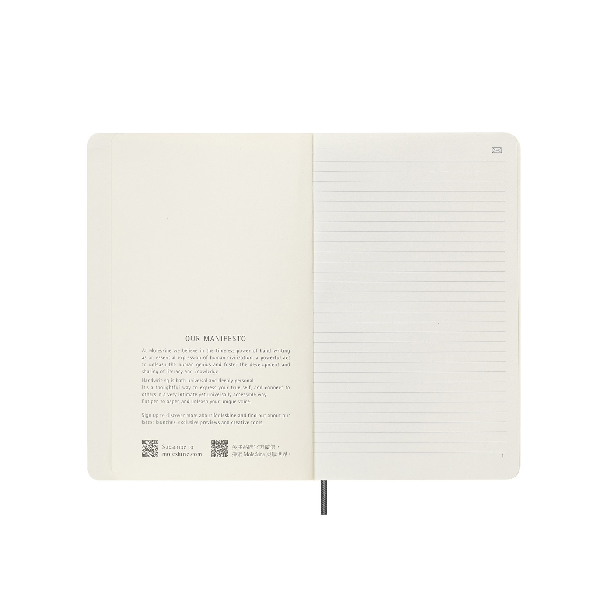 Una pagina aperta del taccuino Moleskine con testo e righe. Include codici QR e sito web.