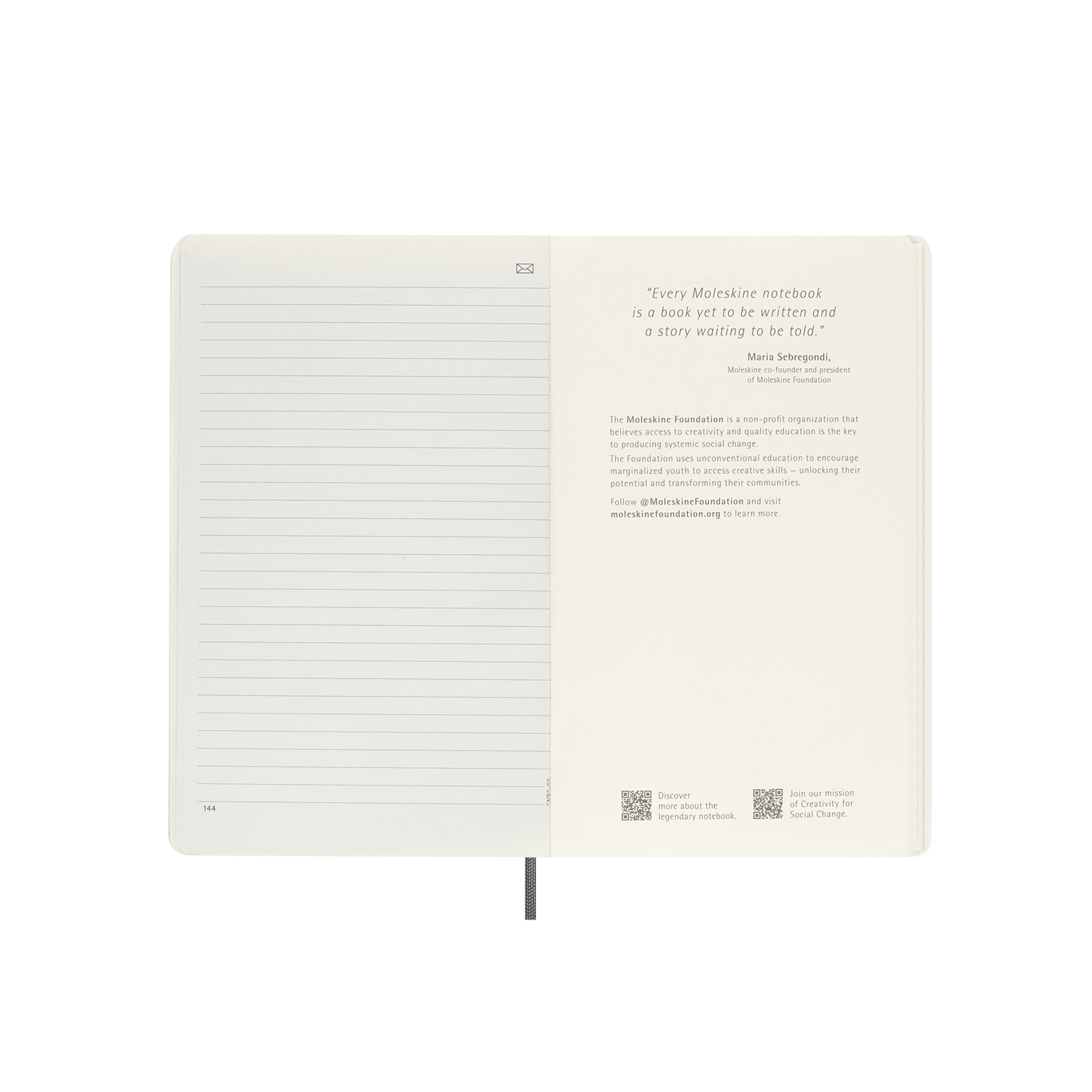 Pagina di un taccuino Moleskine con pagine a righe e testo sulla Fondazione Moleskine.