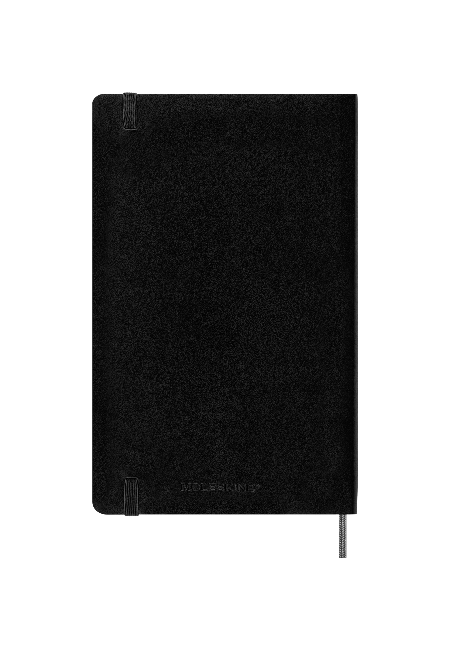 Taccuino nero Moleskine con elastico e segnalibro.