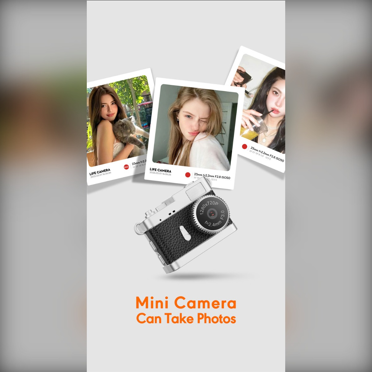 Mini-Kamera mit drei Polaroids und Text: Mini-Kamera kann Fotos machen.