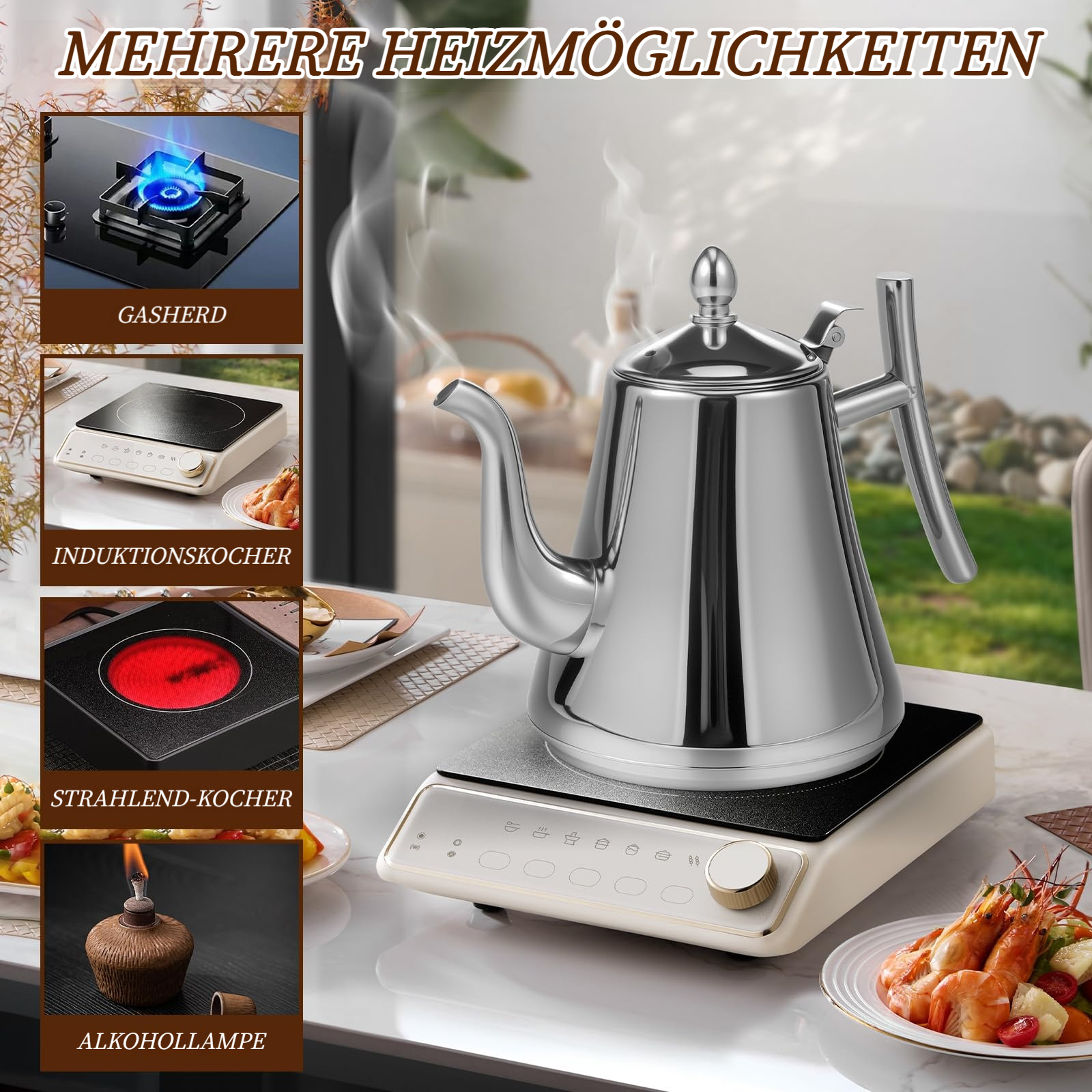 Ein silberner Wasserkocher dampft auf einem Induktionskochfeld neben Garnelen.