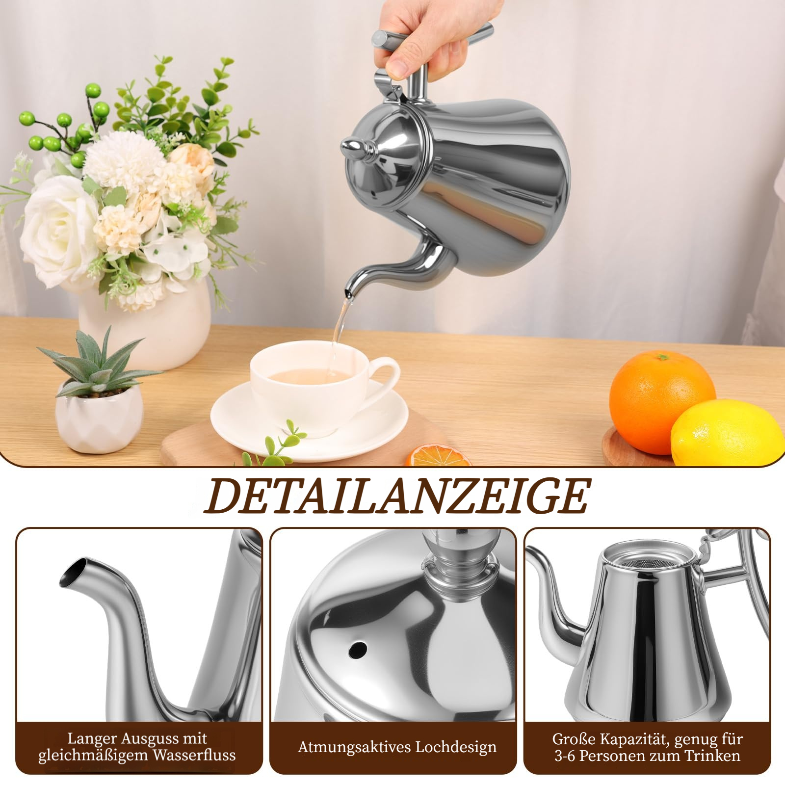 Eine Hand gießt Wasser aus einer silbernen Kanne in eine weiße Tasse.