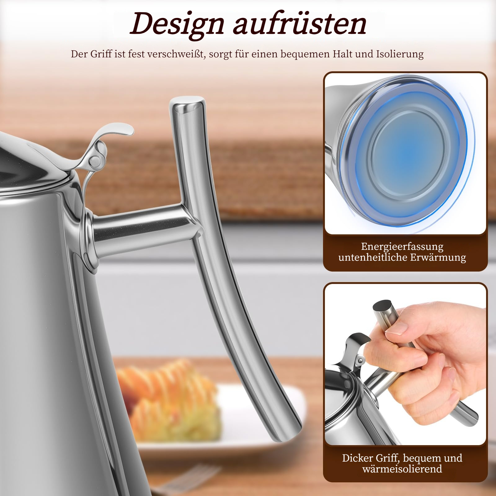 Nahaufnahme eines silbernen Wasserkochers mit Nahaufnahmen des Griffs und des Bodens.