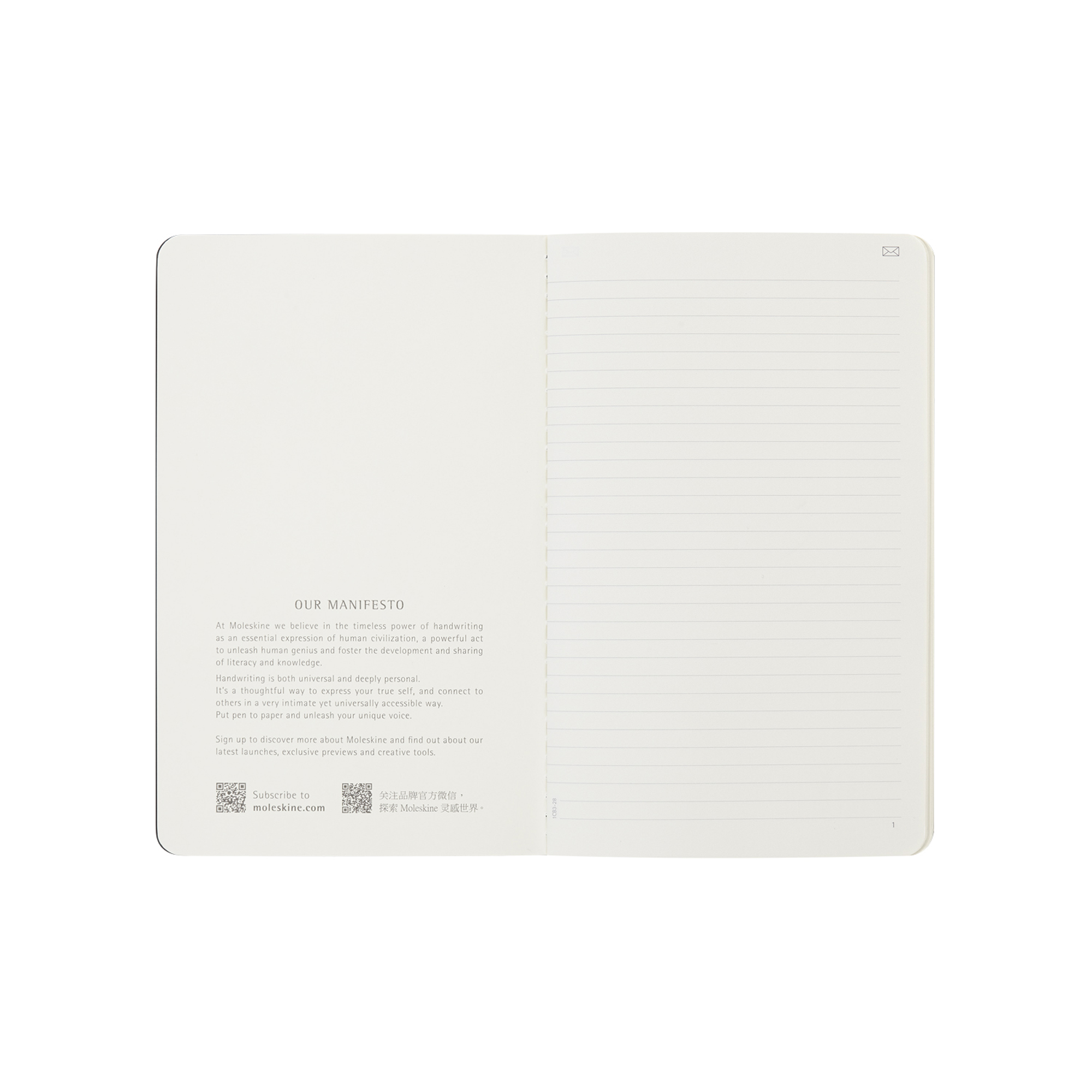 Una pagina di taccuino aperta con testo a sinistra e pagina a righe a destra.