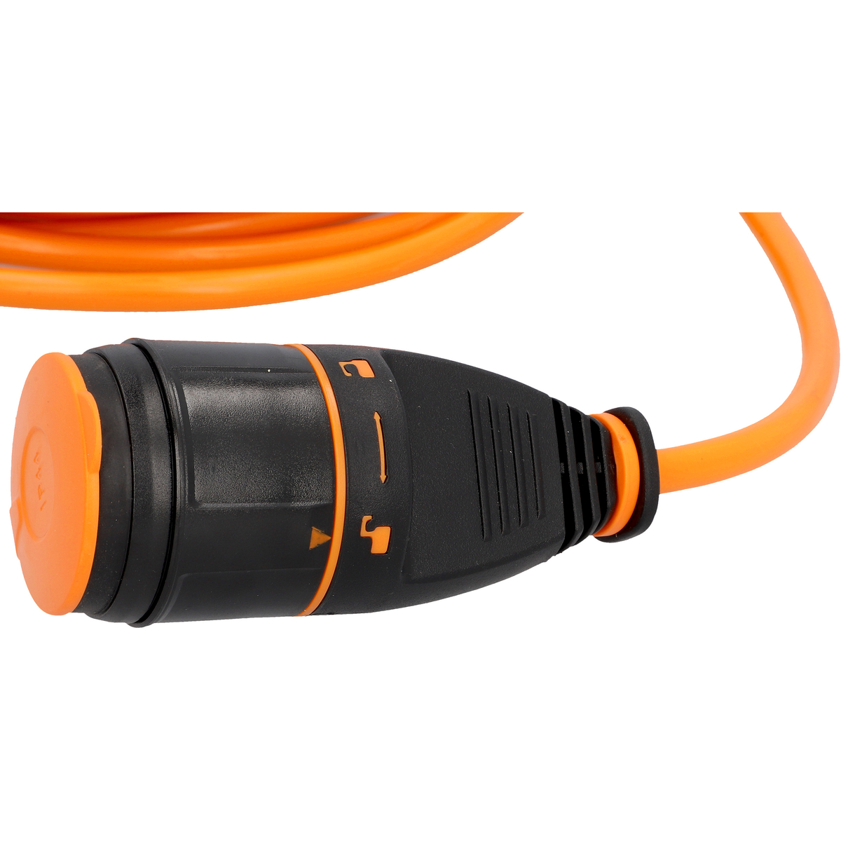 Orange Kabel mit schwarzem Stecker und orangefarbenen Markierungen.
