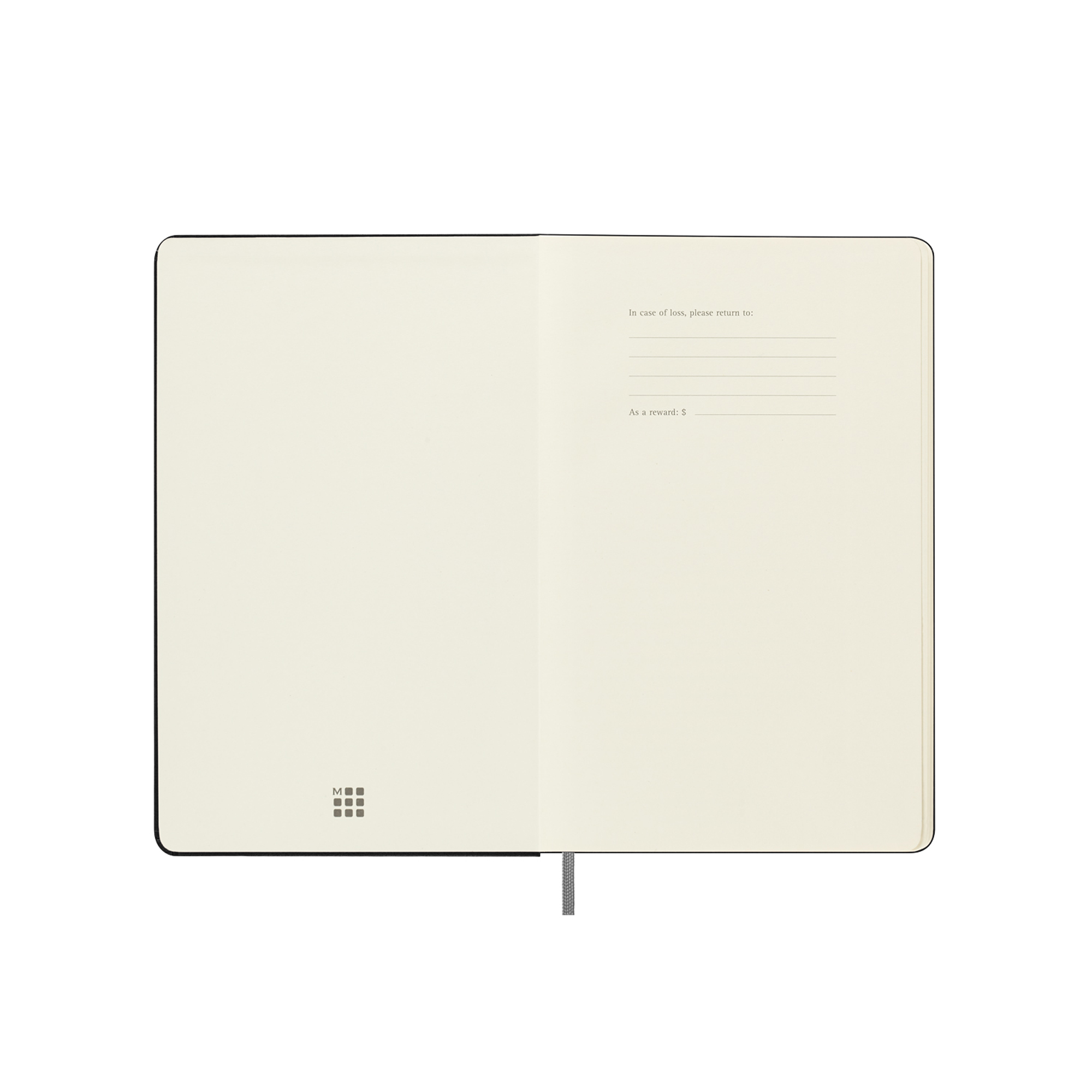 Un taccuino aperto con pagine color crema e logo Moleskine.