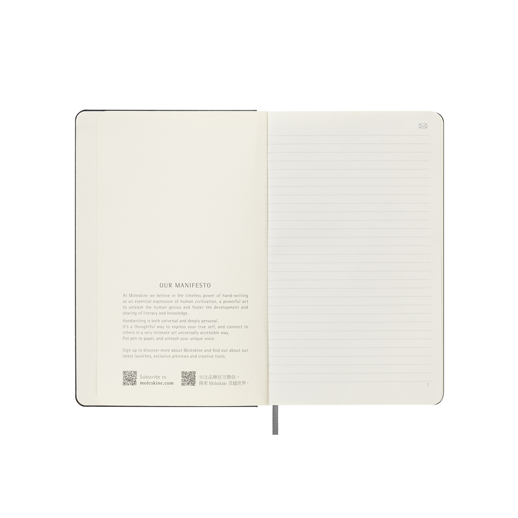 Taccuino Moleskine aperto su una pagina con testo e codici QR.