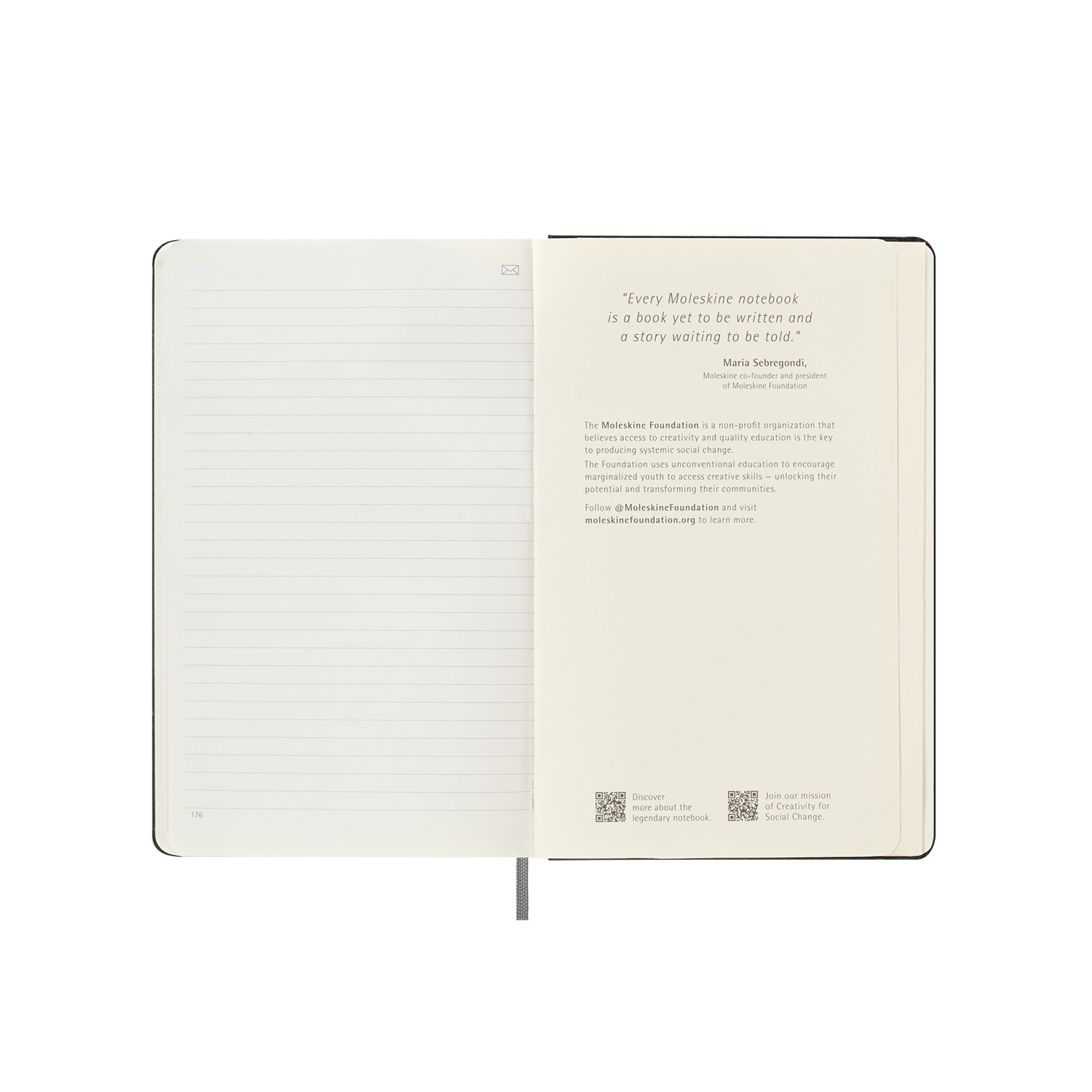 Un taccuino aperto con pagine a righe e una citazione sulla creatività.