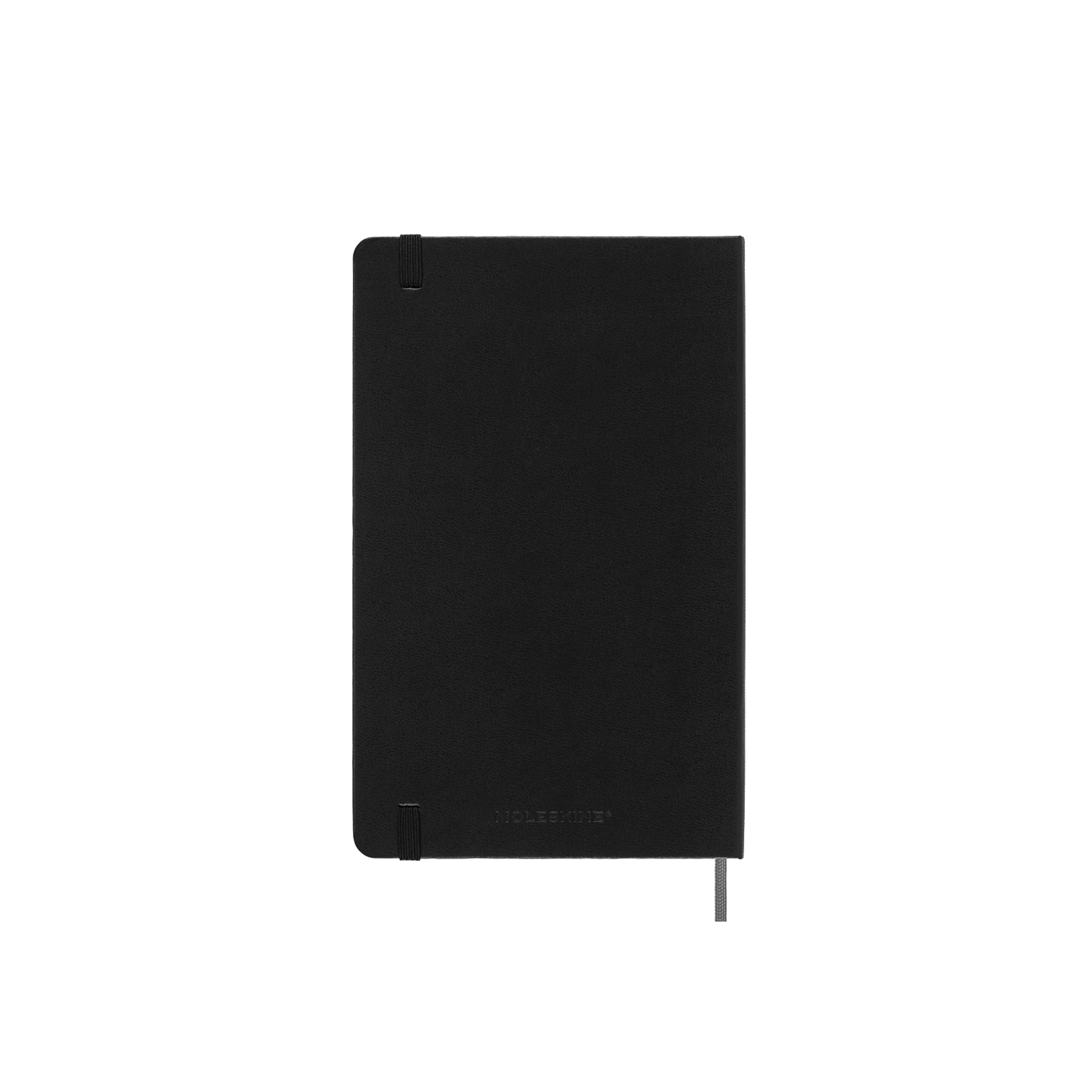 Taccuino nero con elastico e segnalibro su sfondo bianco.