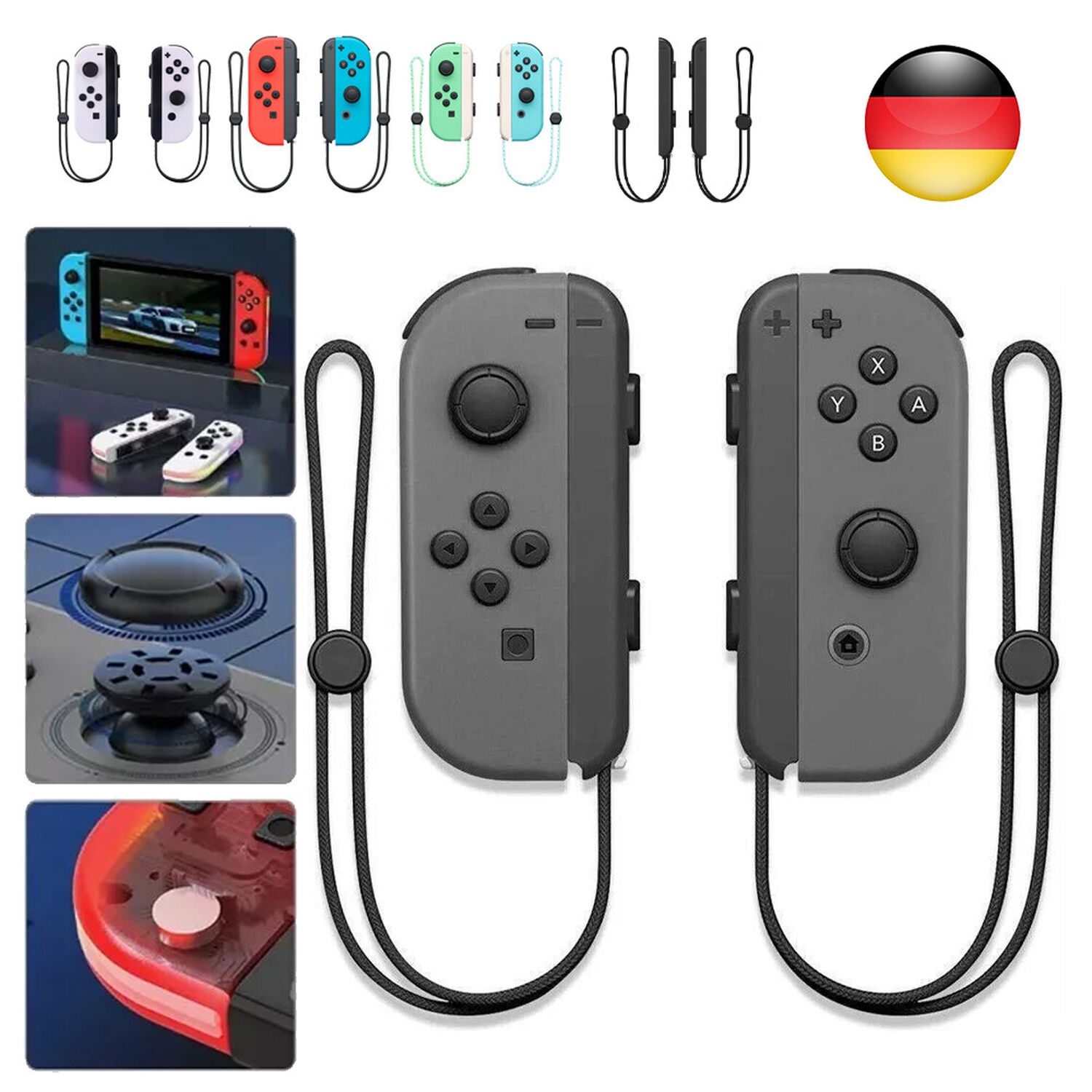 Graue Nintendo Switch Joy-Con-Controller mit schwarzen Tragegurten und deutscher Flagge.