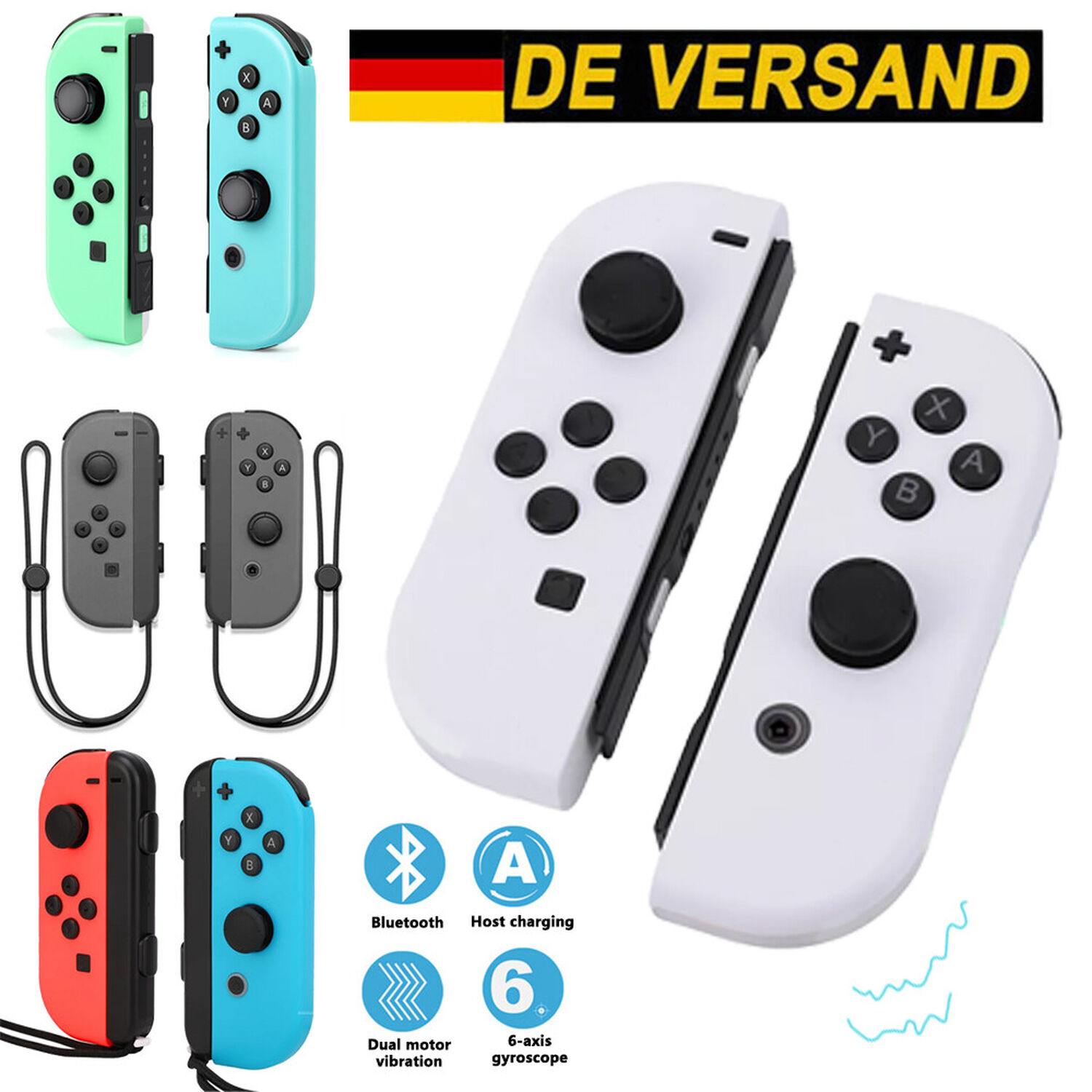 Mehrere Joy-Con-Controller in verschiedenen Farben und ein deutsches Versandlogo.