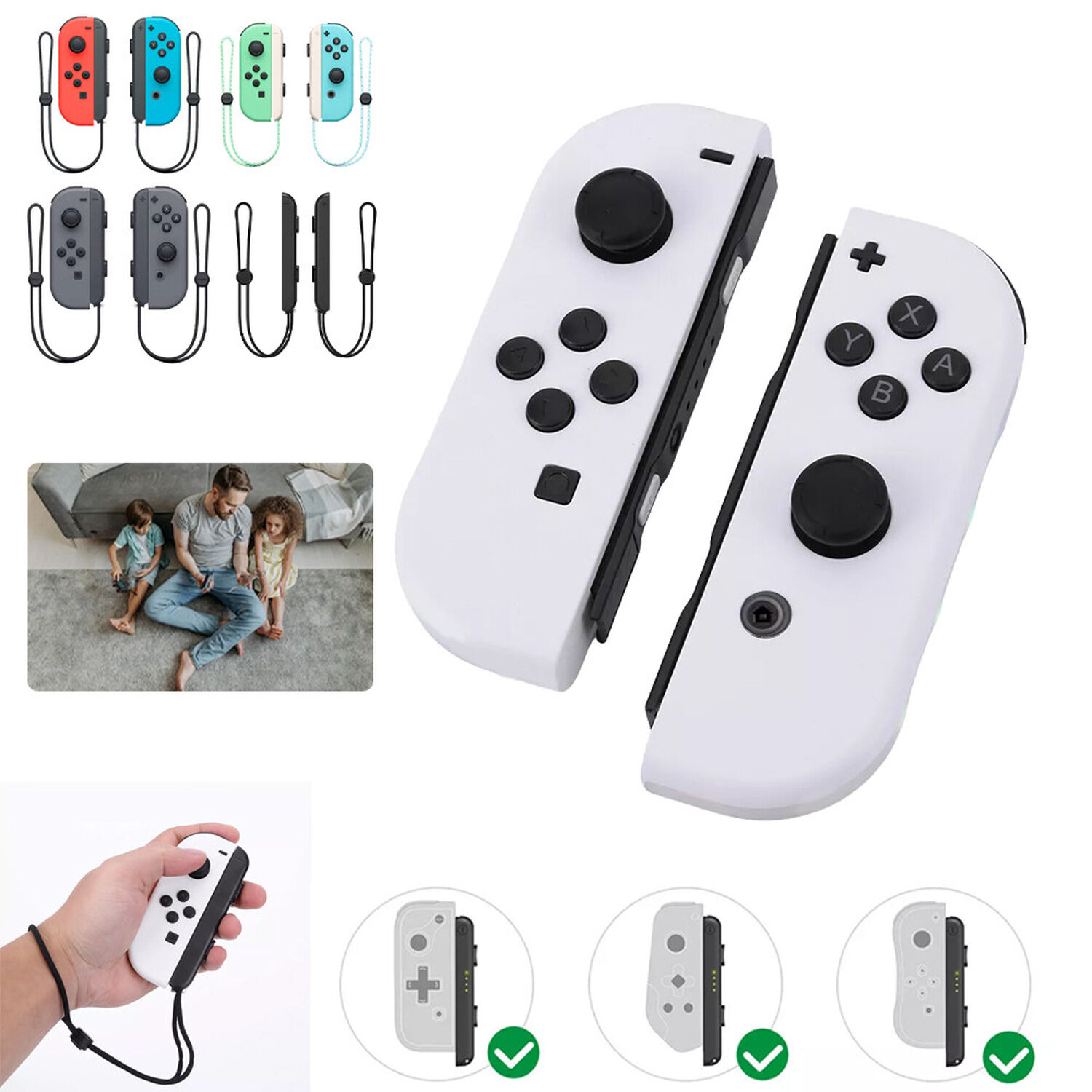 Weiße Controller mit schwarzen Knöpfen und Trageschlaufen, daneben bunte Controller und Familie auf Sofa.